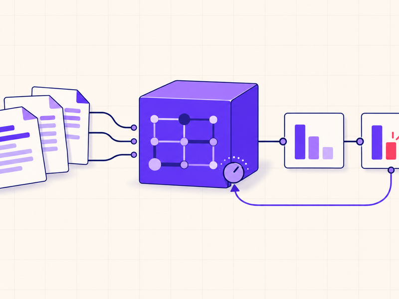 Training documents flowing into an AI model and an evaluation feedback loop