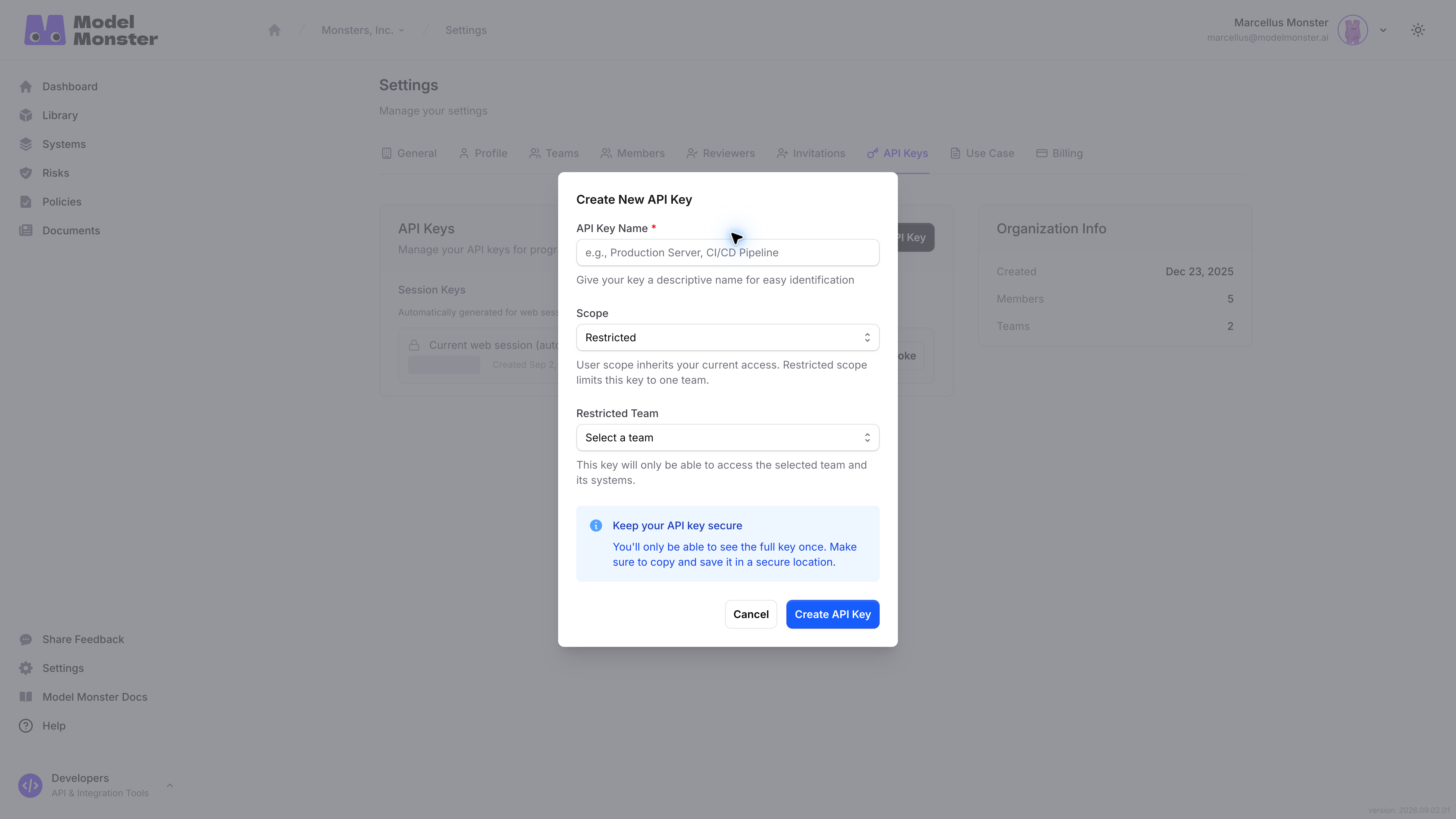 Create New API Key dialog with Restricted scope selected and blank name and team fields