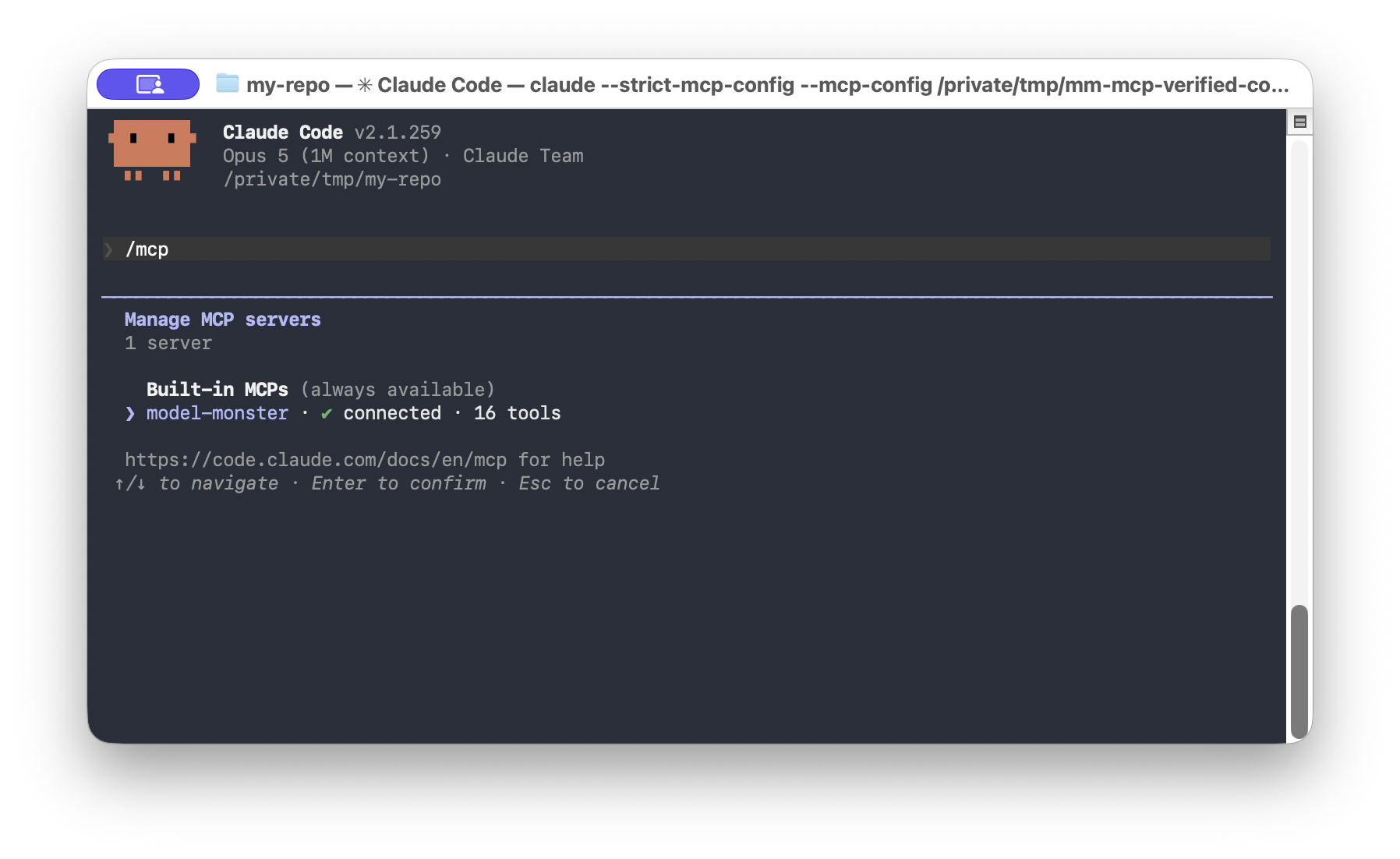 Claude Code MCP status showing model-monster connected with sixteen available tools