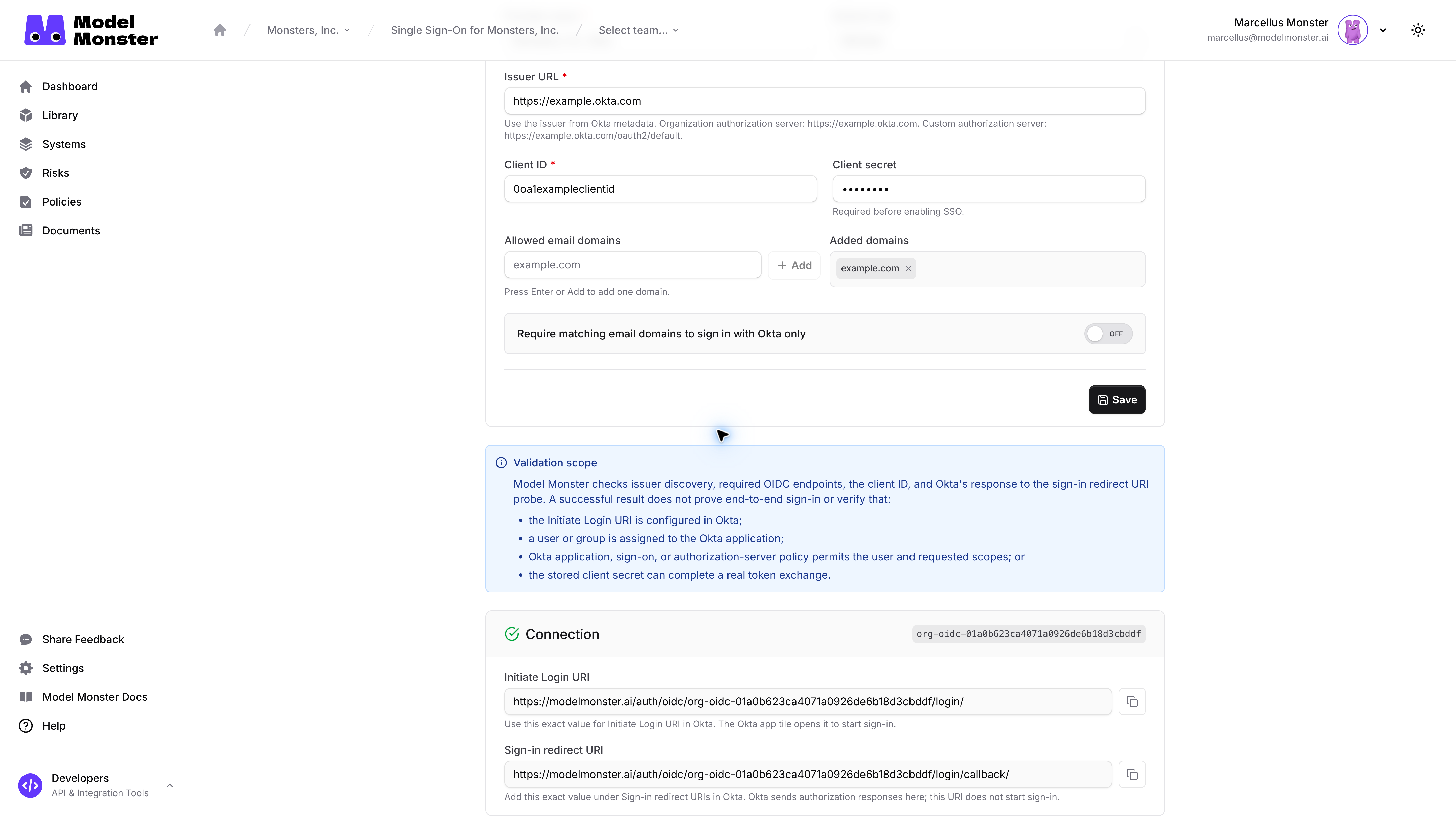 Model Monster Connection section showing the distinct Initiate Login URI and Sign-in redirect URI with identifiers redacted
