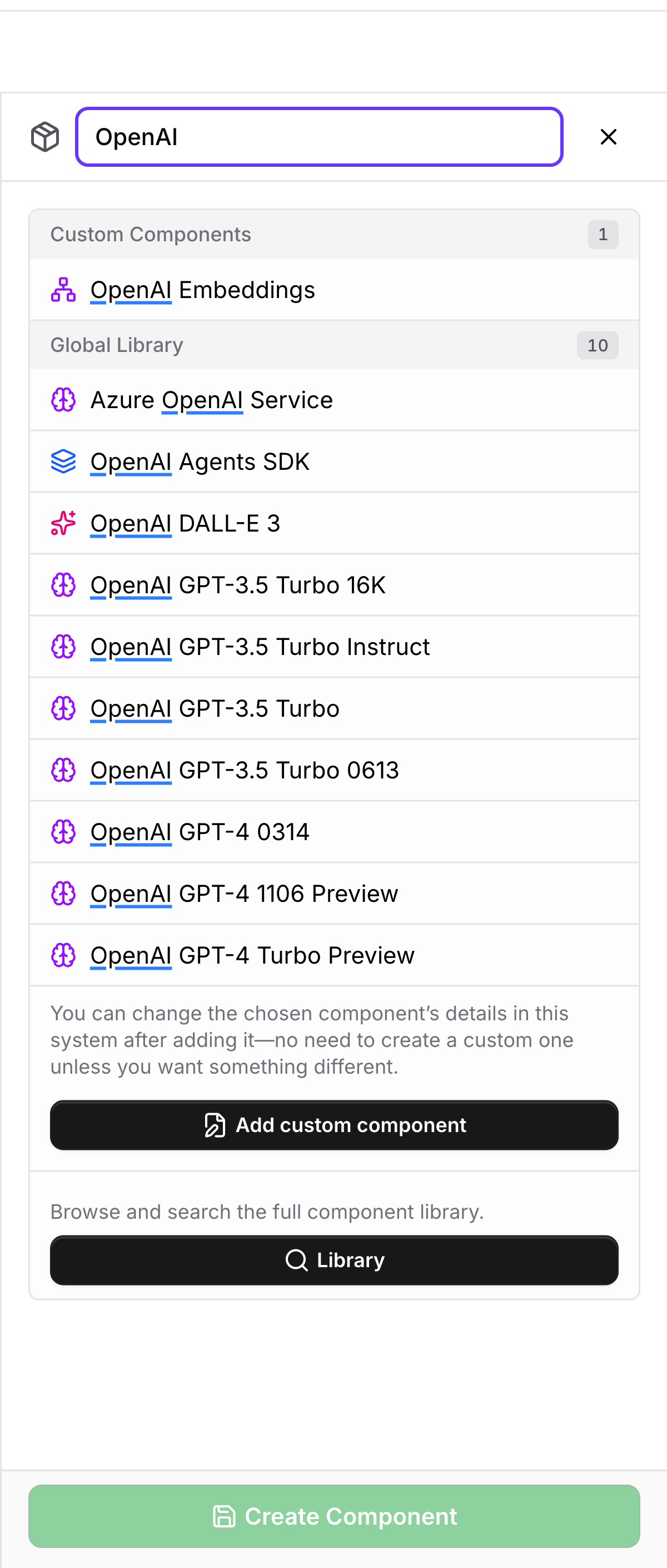 Component picker showing organization-specific and globally available OpenAI component definitions
