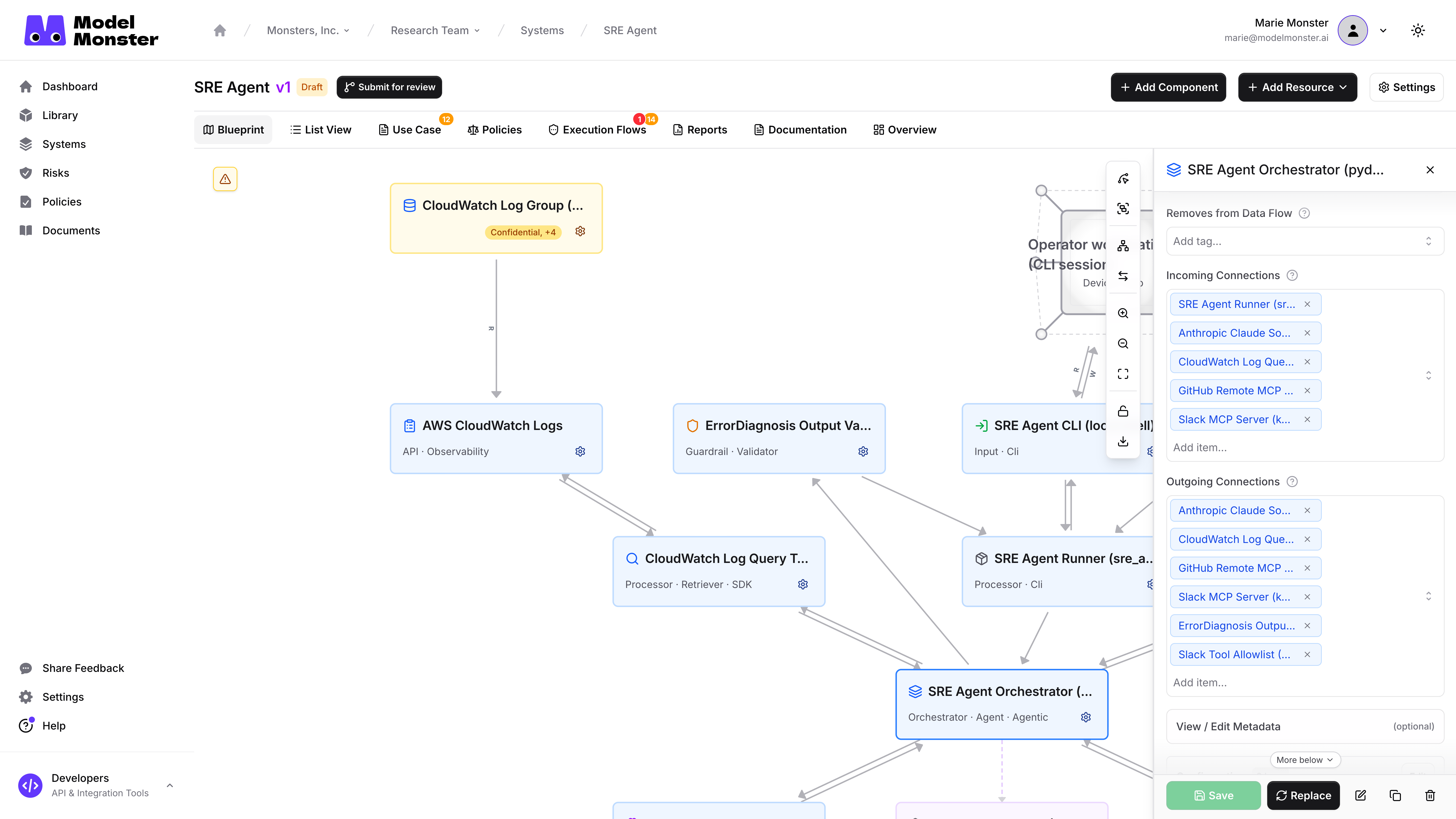 SRE Agent Blueprint with a selected orchestrator and populated incoming and outgoing connection lists