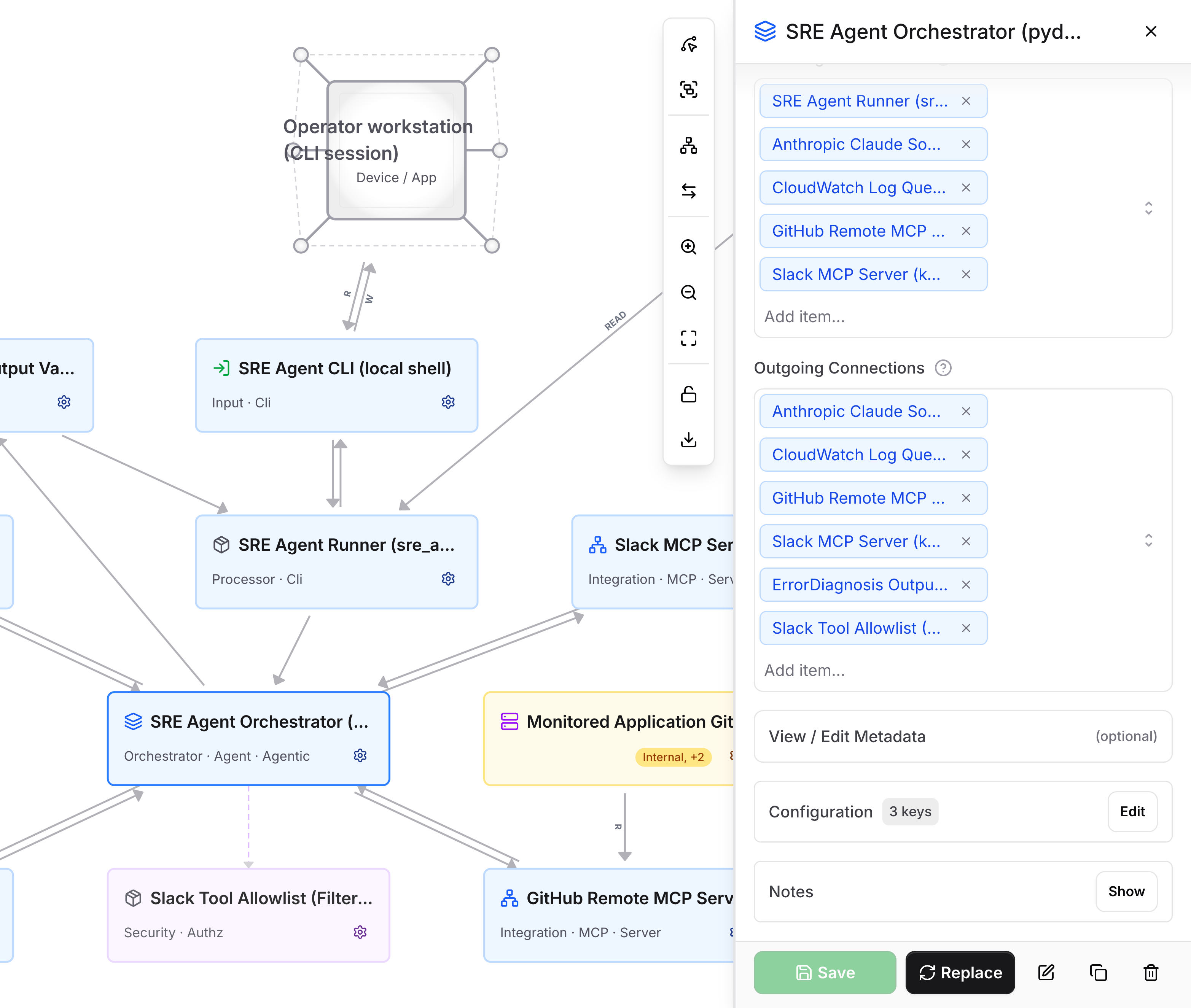 Selected SRE Agent orchestrator with connections, metadata, configuration, notes, Save, and Replace controls