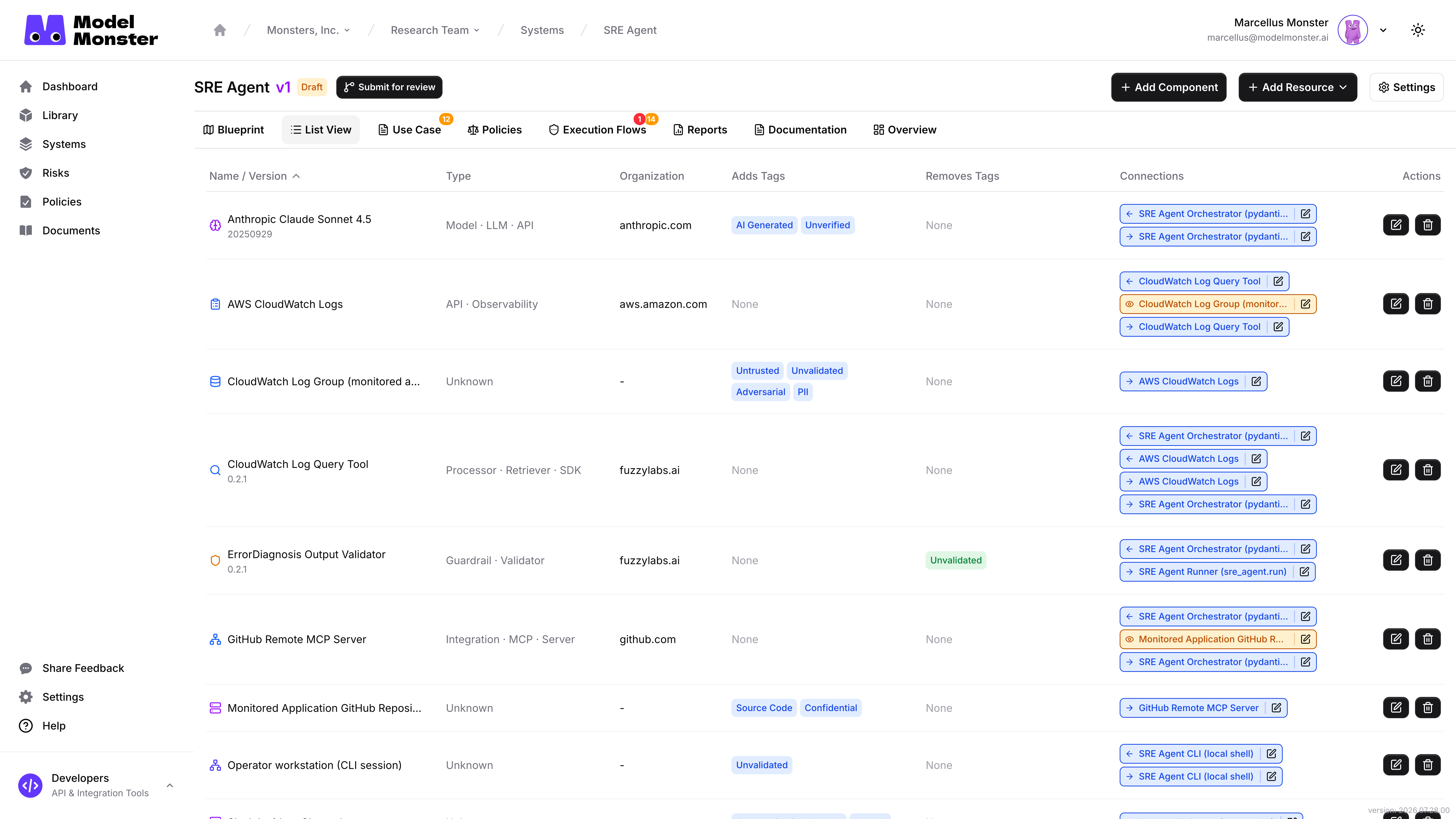 SRE Agent List View comparing component names, versions, types, connections, and row actions