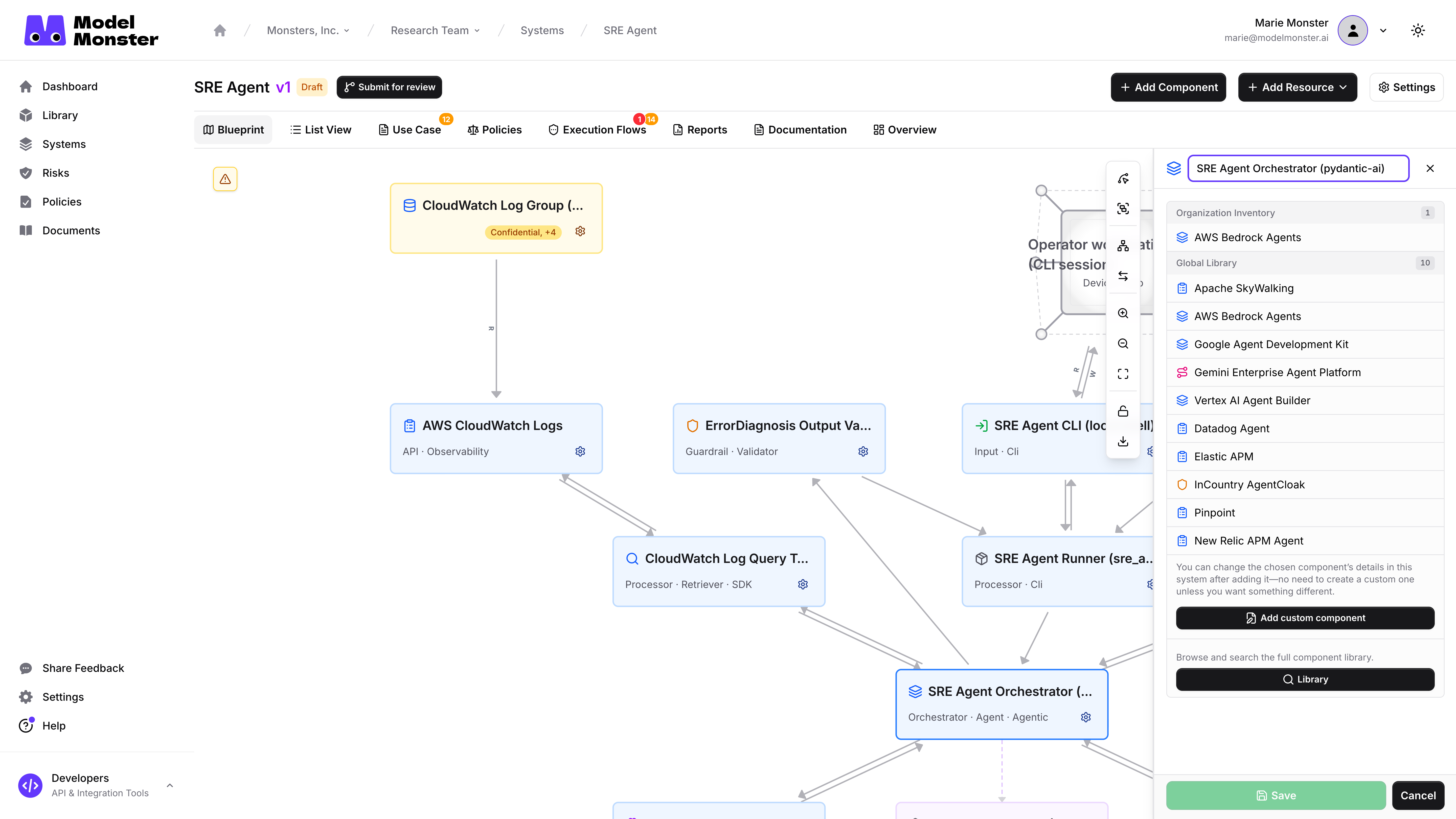 Replacement picker showing organization inventory, Global Library results, custom creation, and Library options