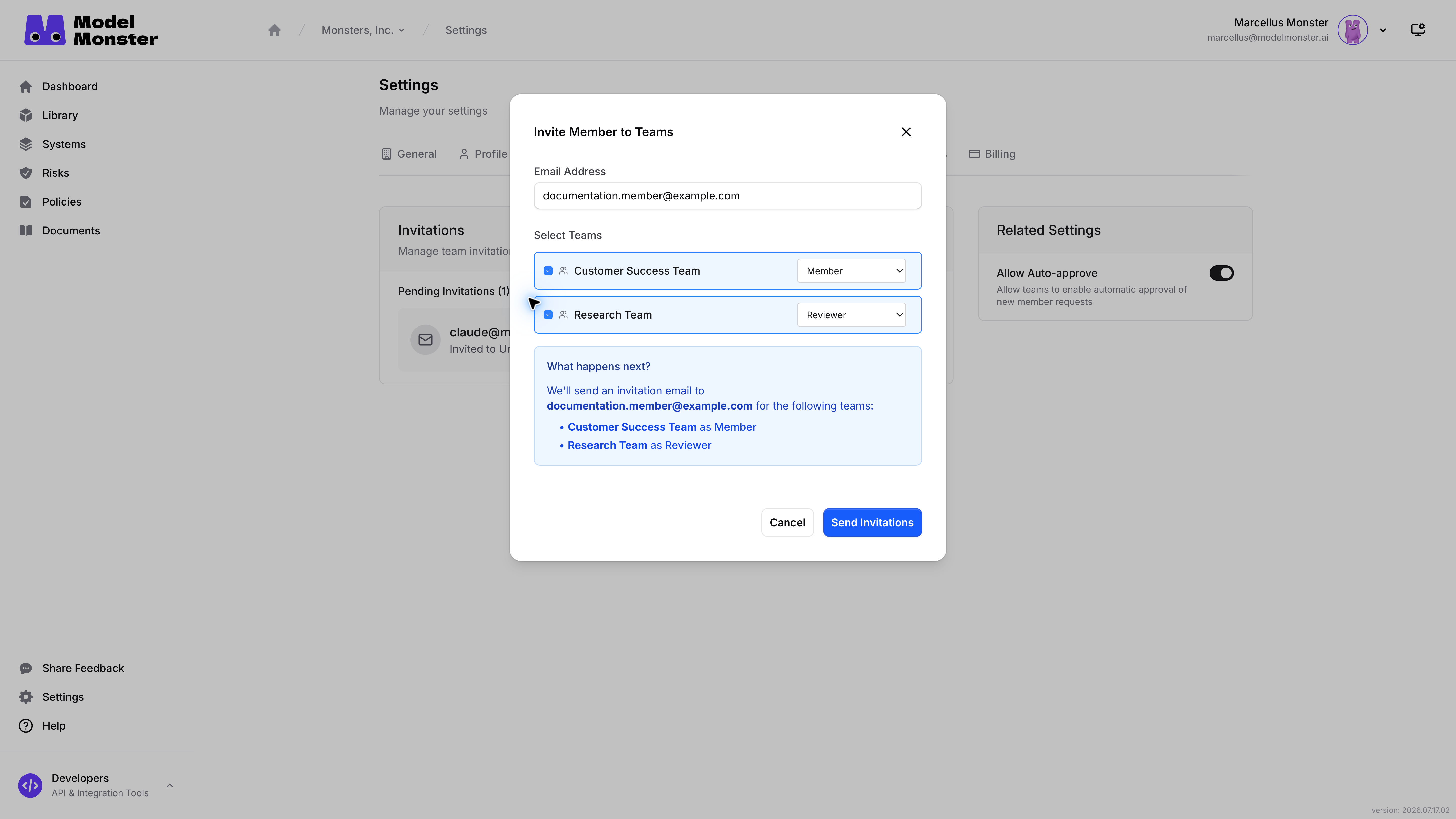 Invite Member to Teams dialog showing a fictional email, two teams, roles, and invitation summary