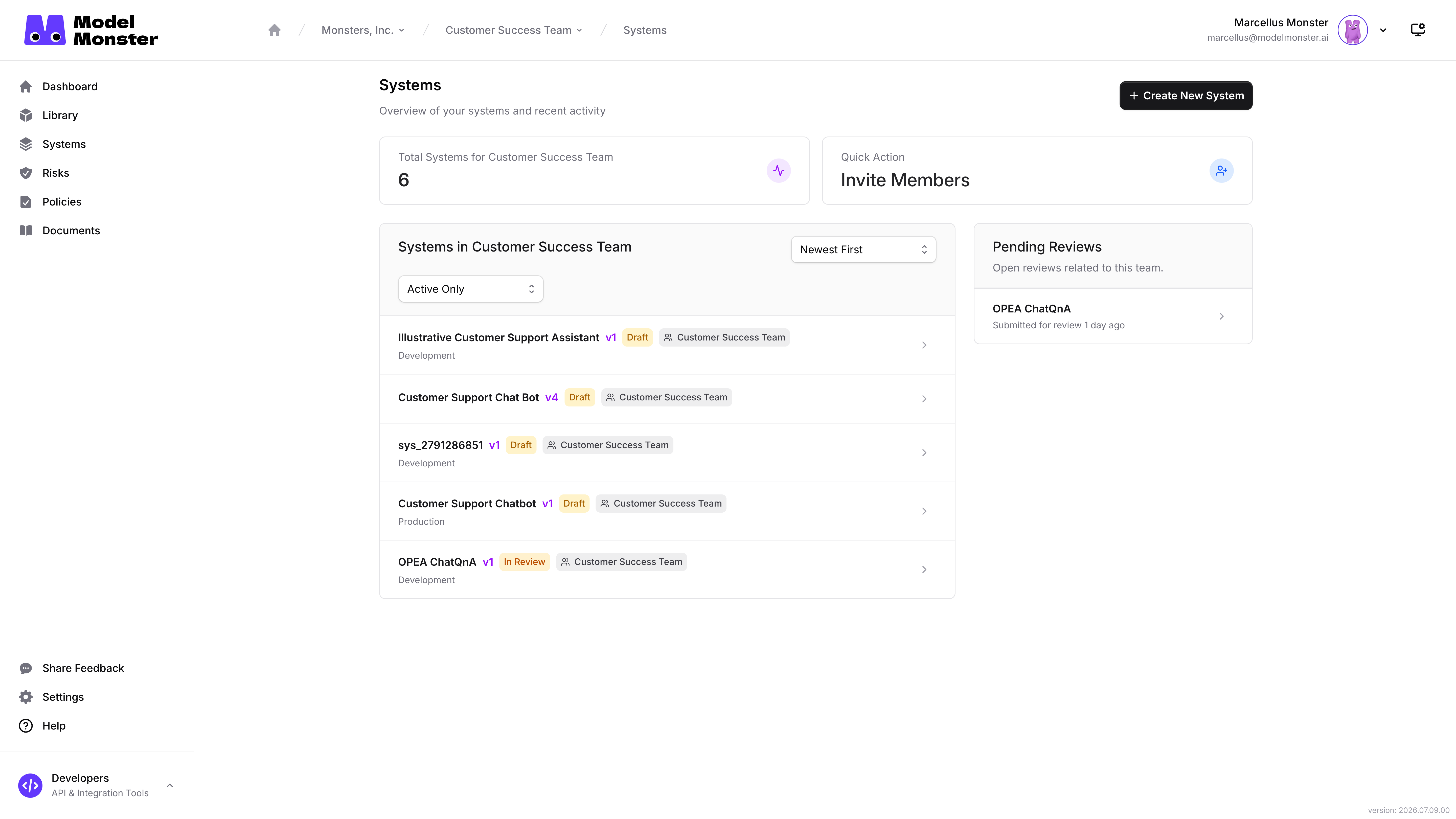 Team-scoped Systems page showing **Systems in Customer Success Team** and **Create New System**