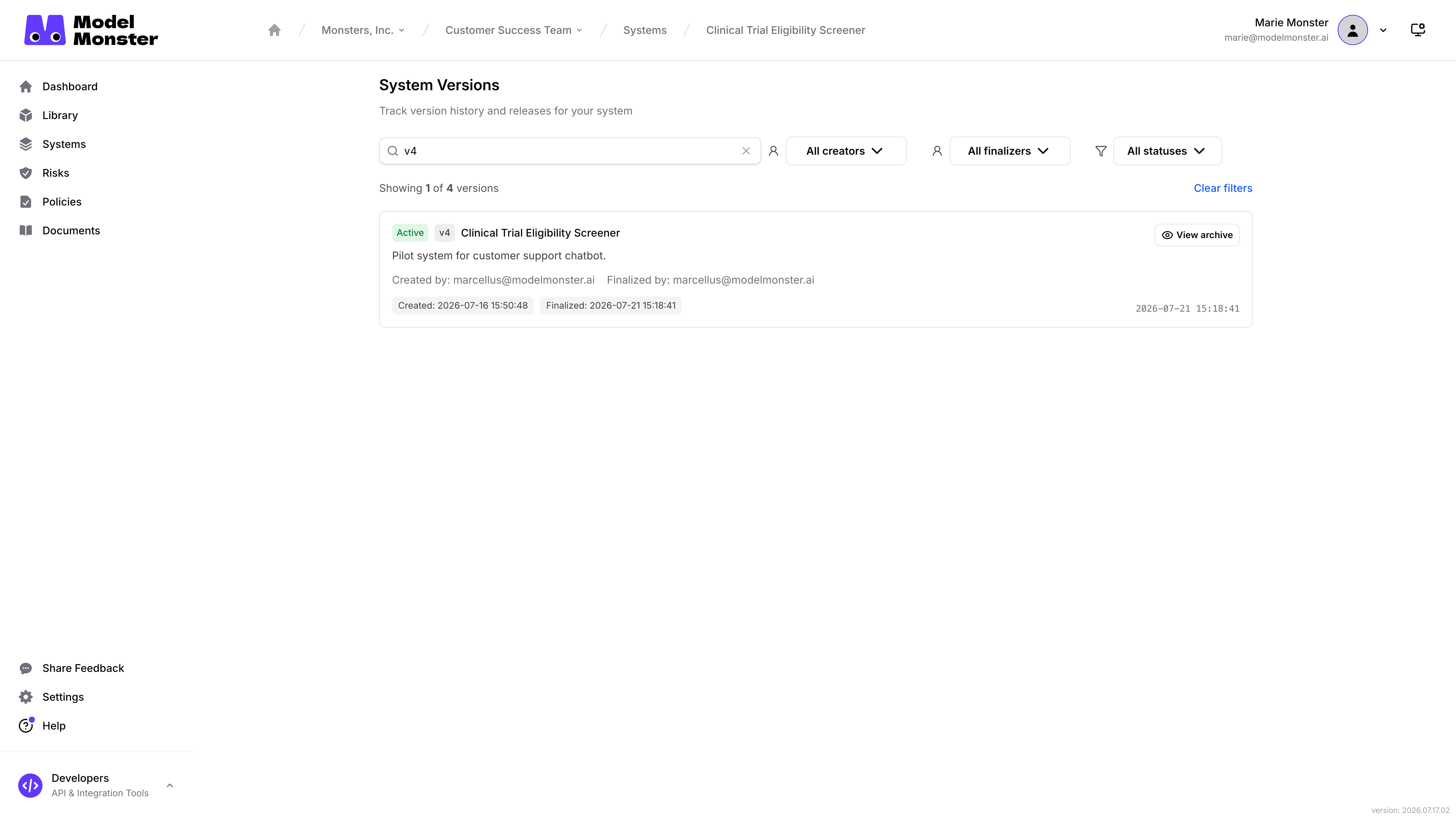 System Versions page showing an Active reviewed version and the View archive action