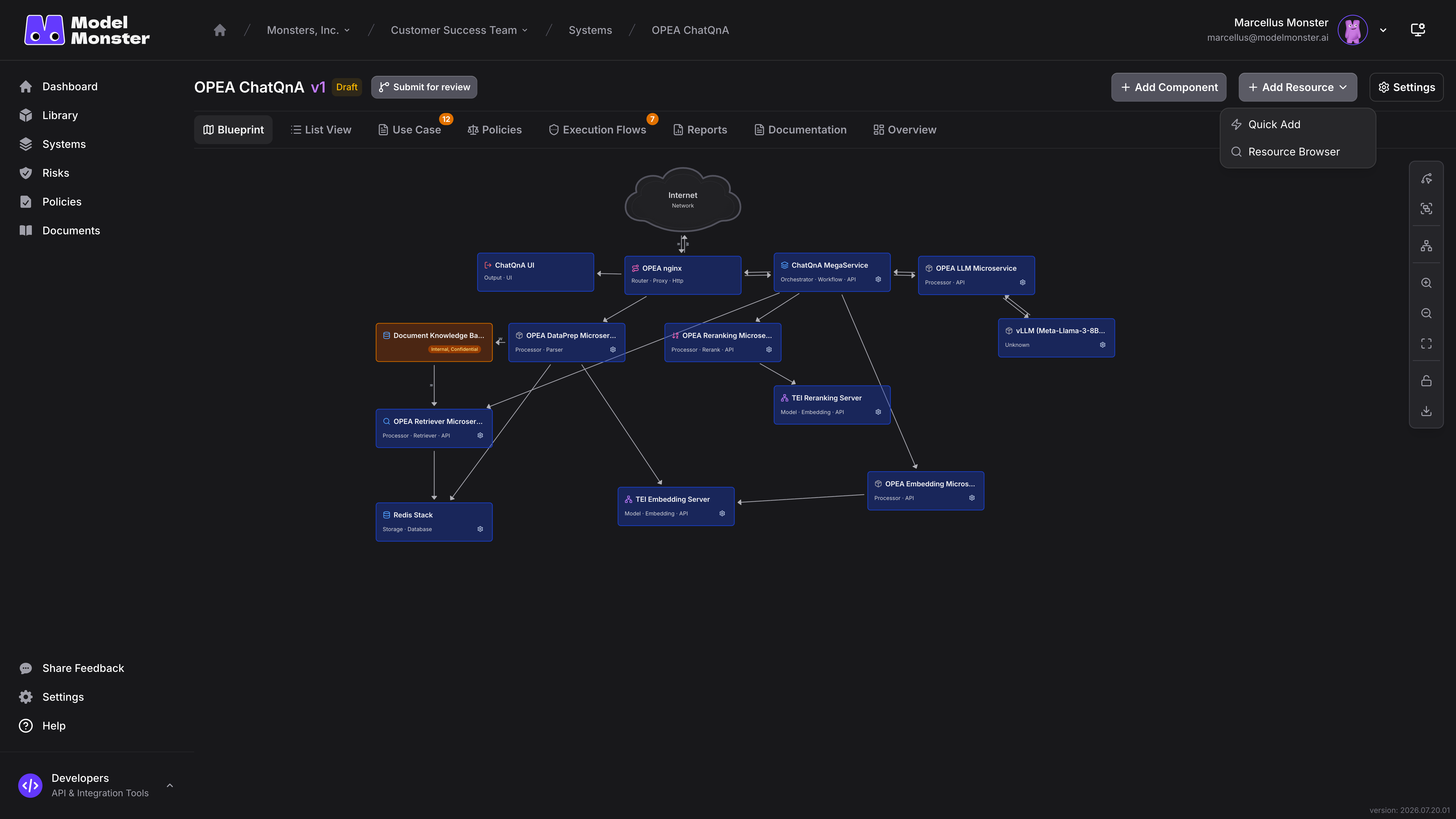 The Add Resource menu showing Quick Add and Resource Browser in an editable illustrative system; crop execution, policy, and findings surfaces