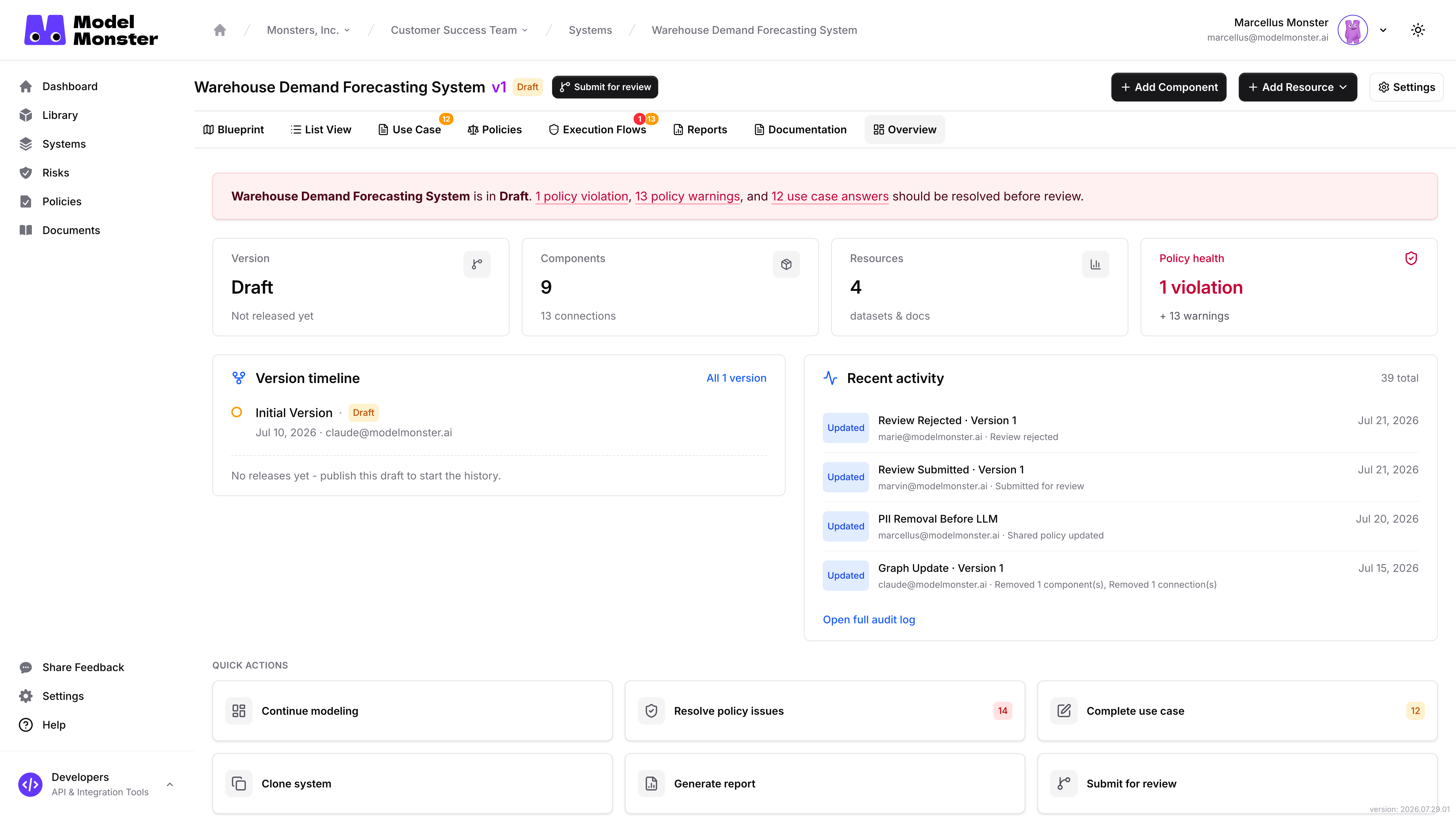 Draft Overview showing readiness warnings, policy health, use-case gaps, and Submit for review