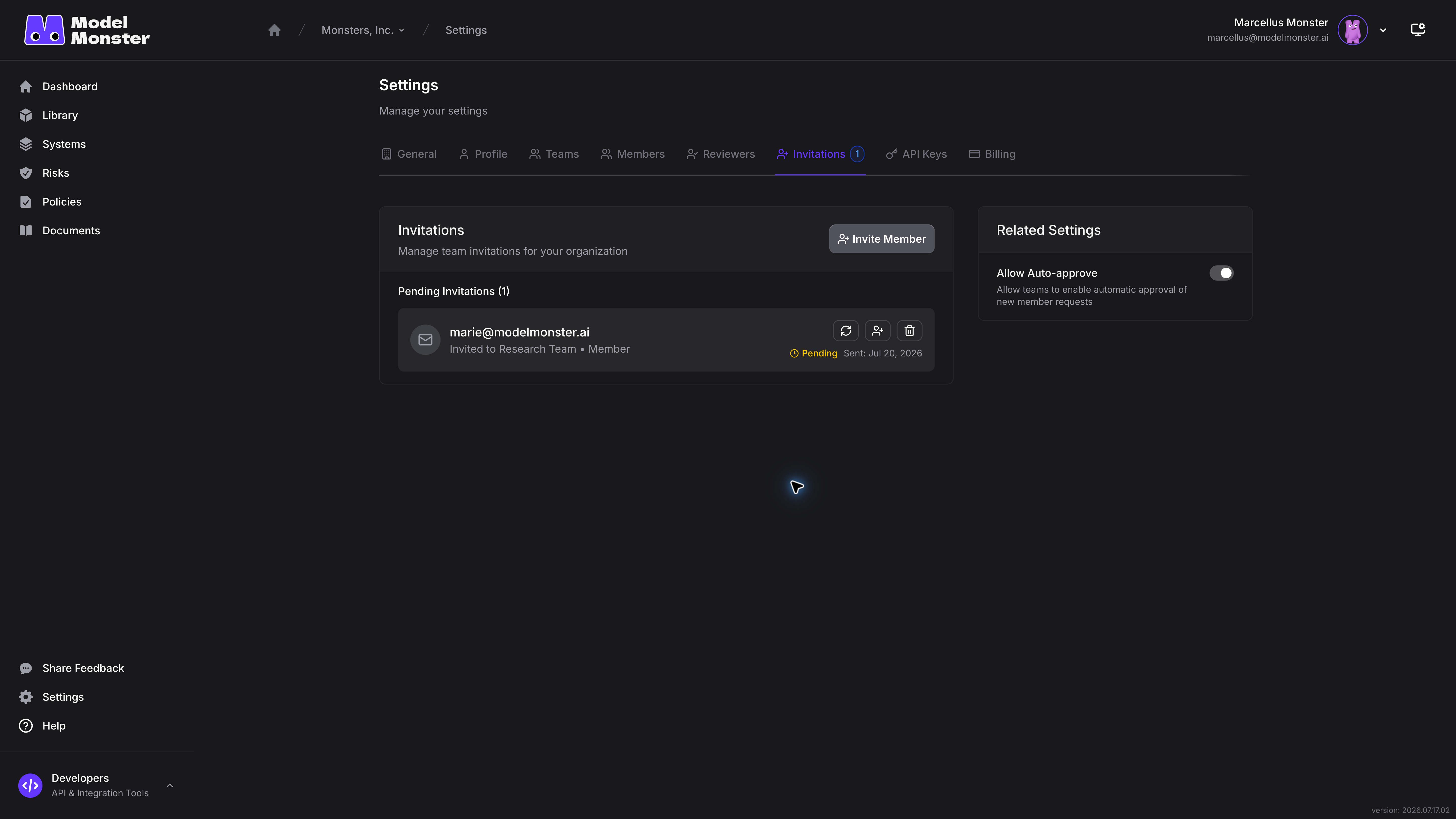 Invitations workspace showing one fictional pending invitation with recipient, team, role, status, and sent date