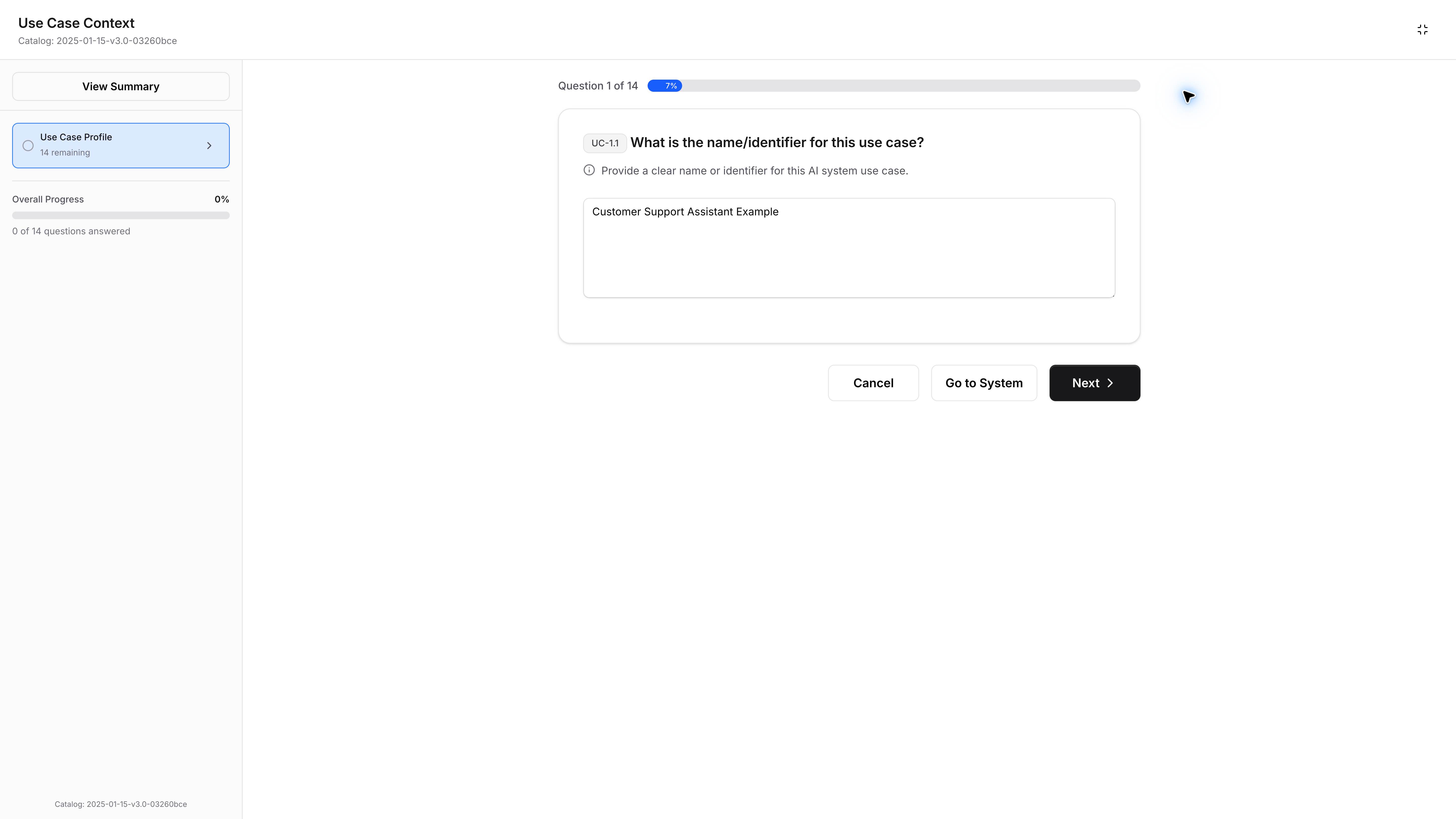 **Use Case Context** naming question with an example system name entered and **Next** available