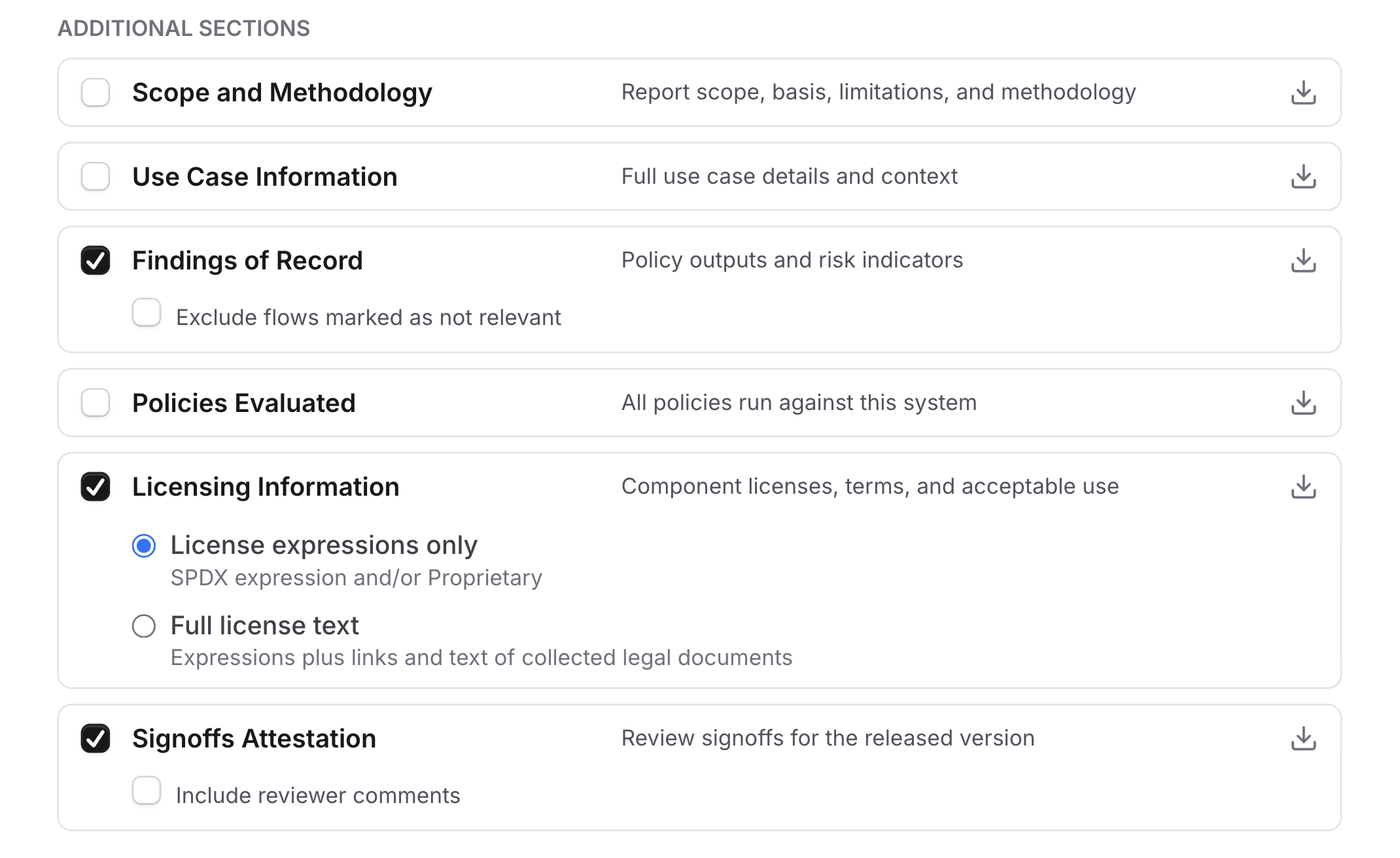 Additional sections with findings of record and Signoffs Attestation selected, showing their nested options plus Component display and Other options