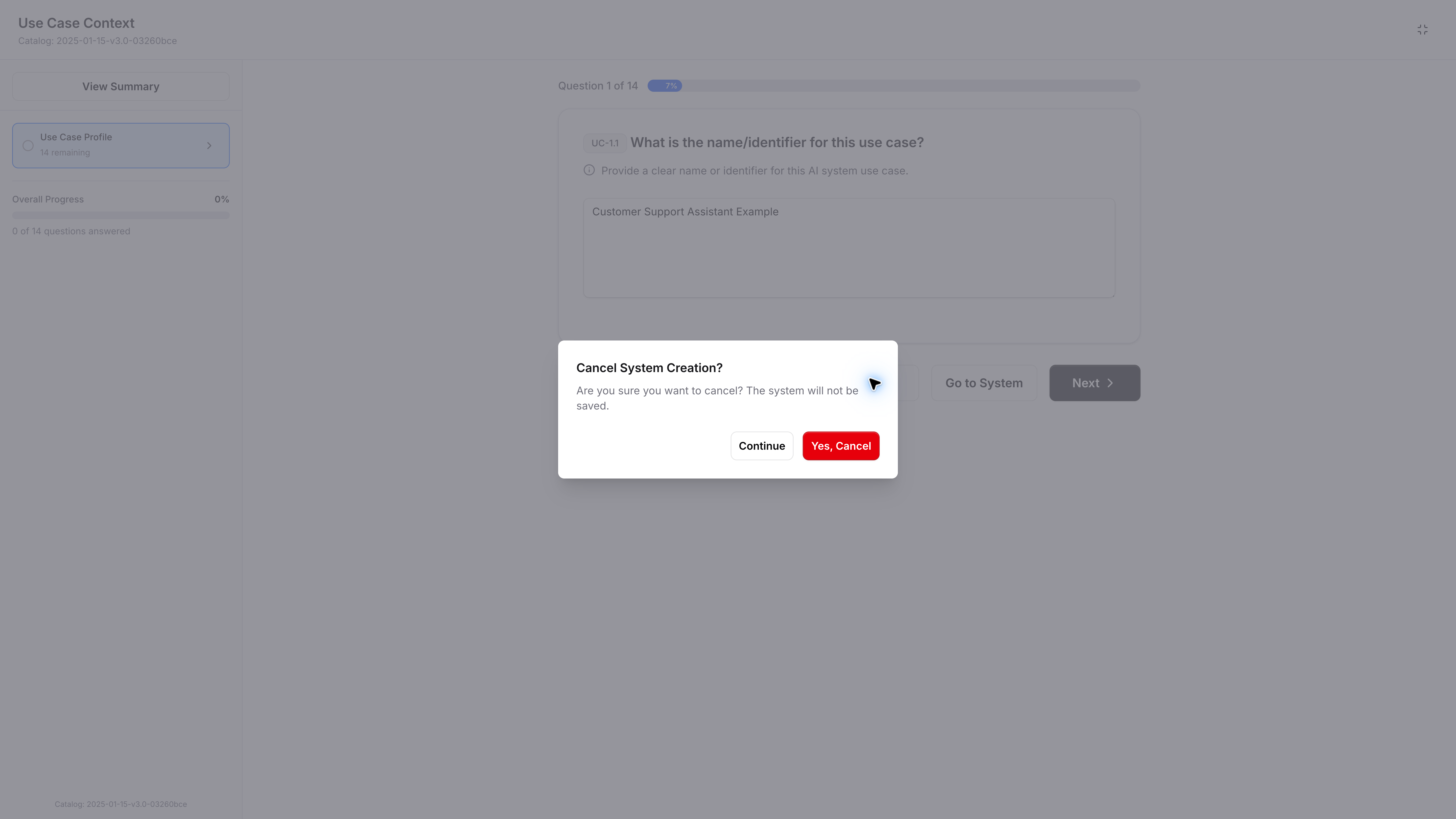 **Cancel System Creation?** confirmation with **Yes, Cancel**