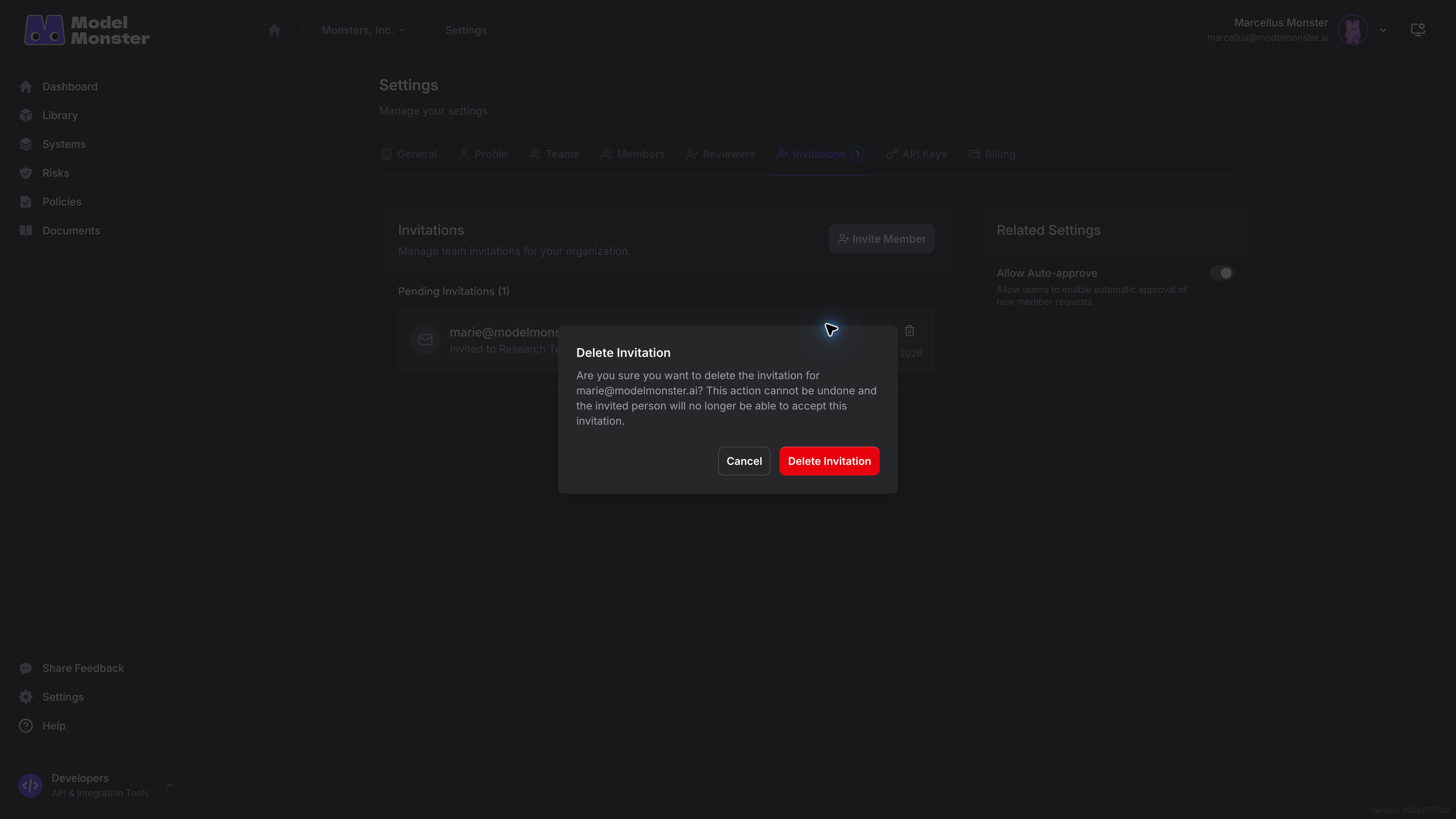 Delete Invitation confirmation for a fictional single-team invitation, before deletion