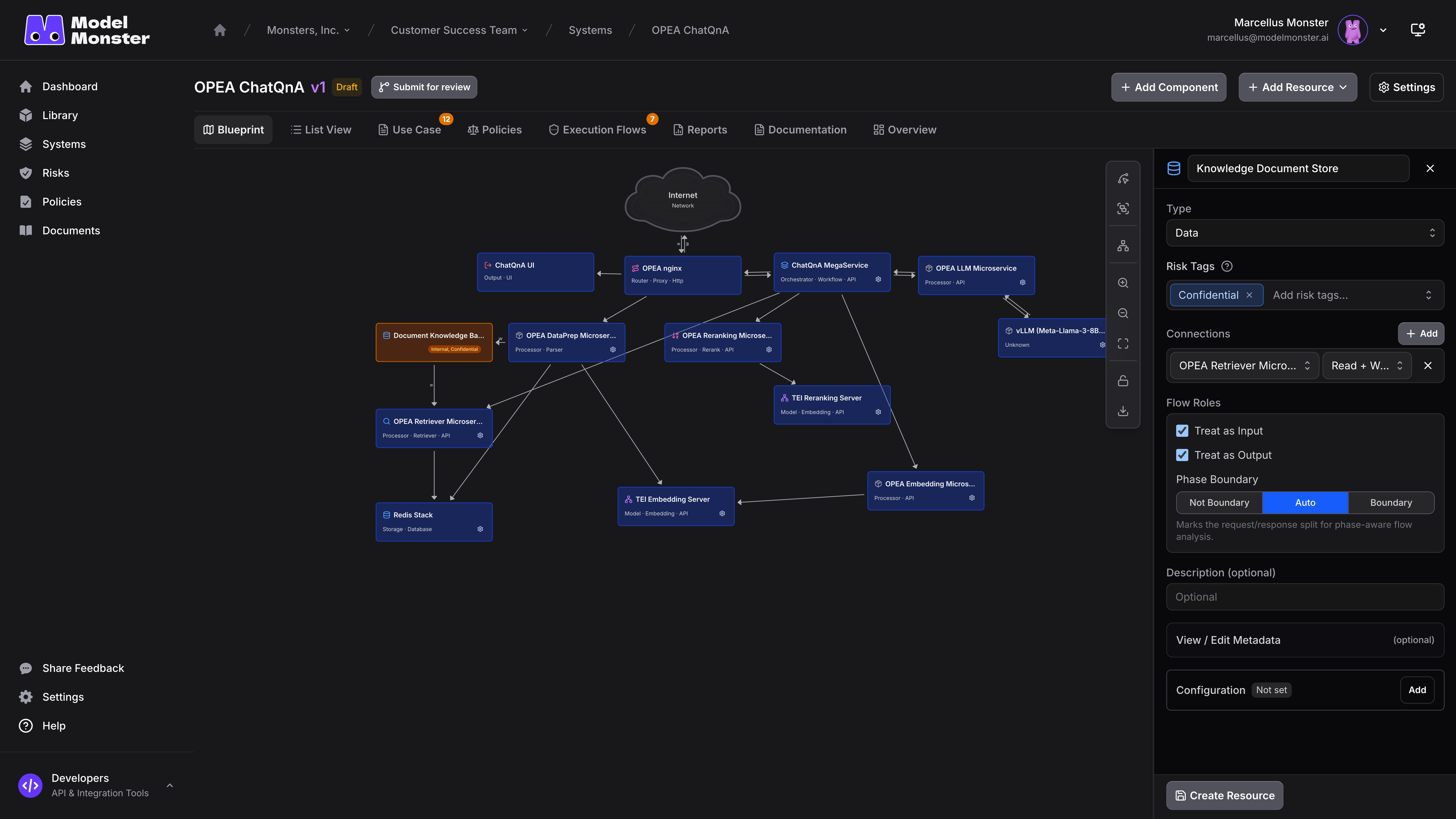 A realistically completed Quick Add resource panel showing Type, applicable Risk Tags, and Connections with illustrative non-customer data