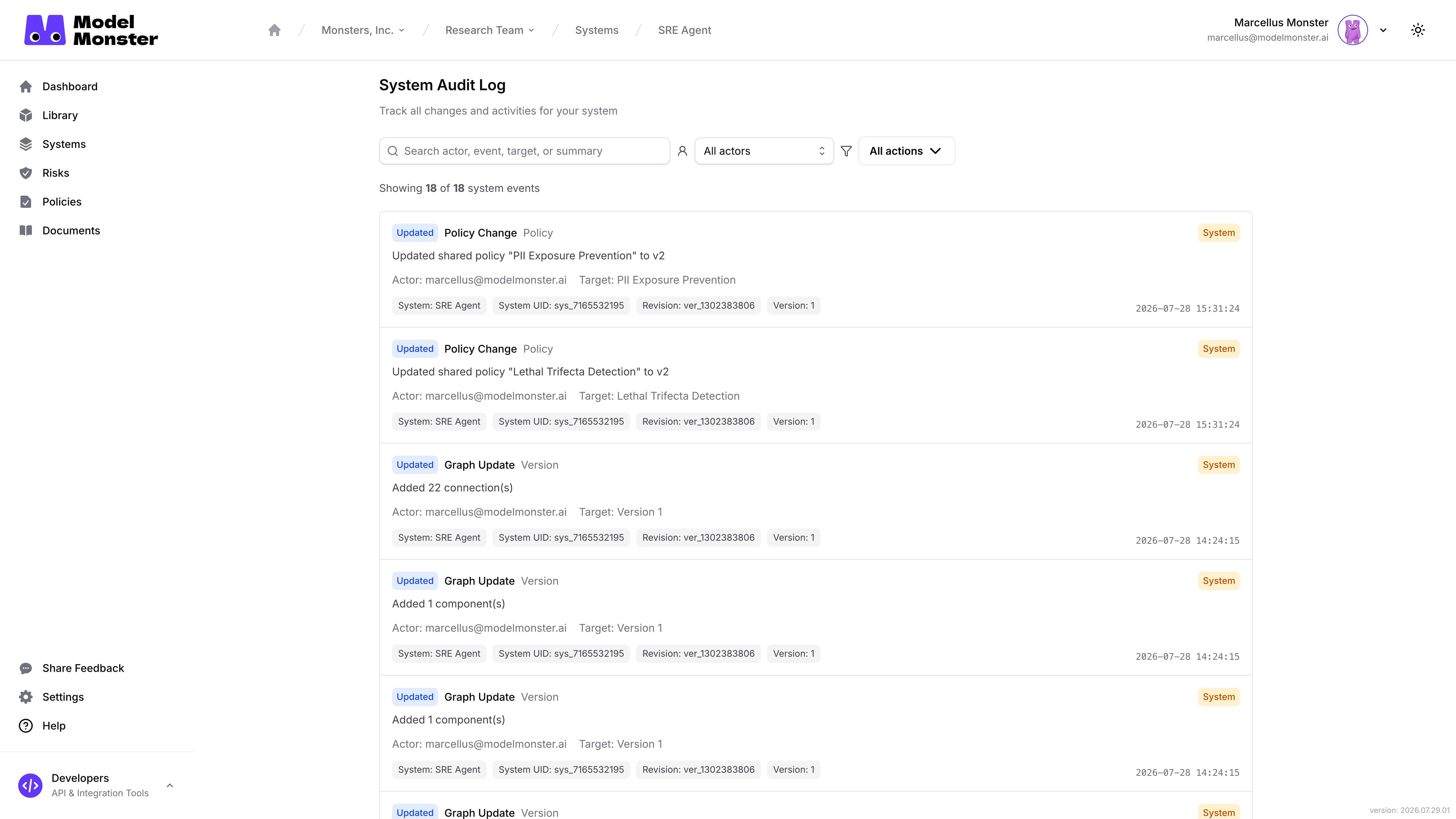 SRE Agent events showing labels, Marcellus actor details, revision and version context, badges, and timestamps