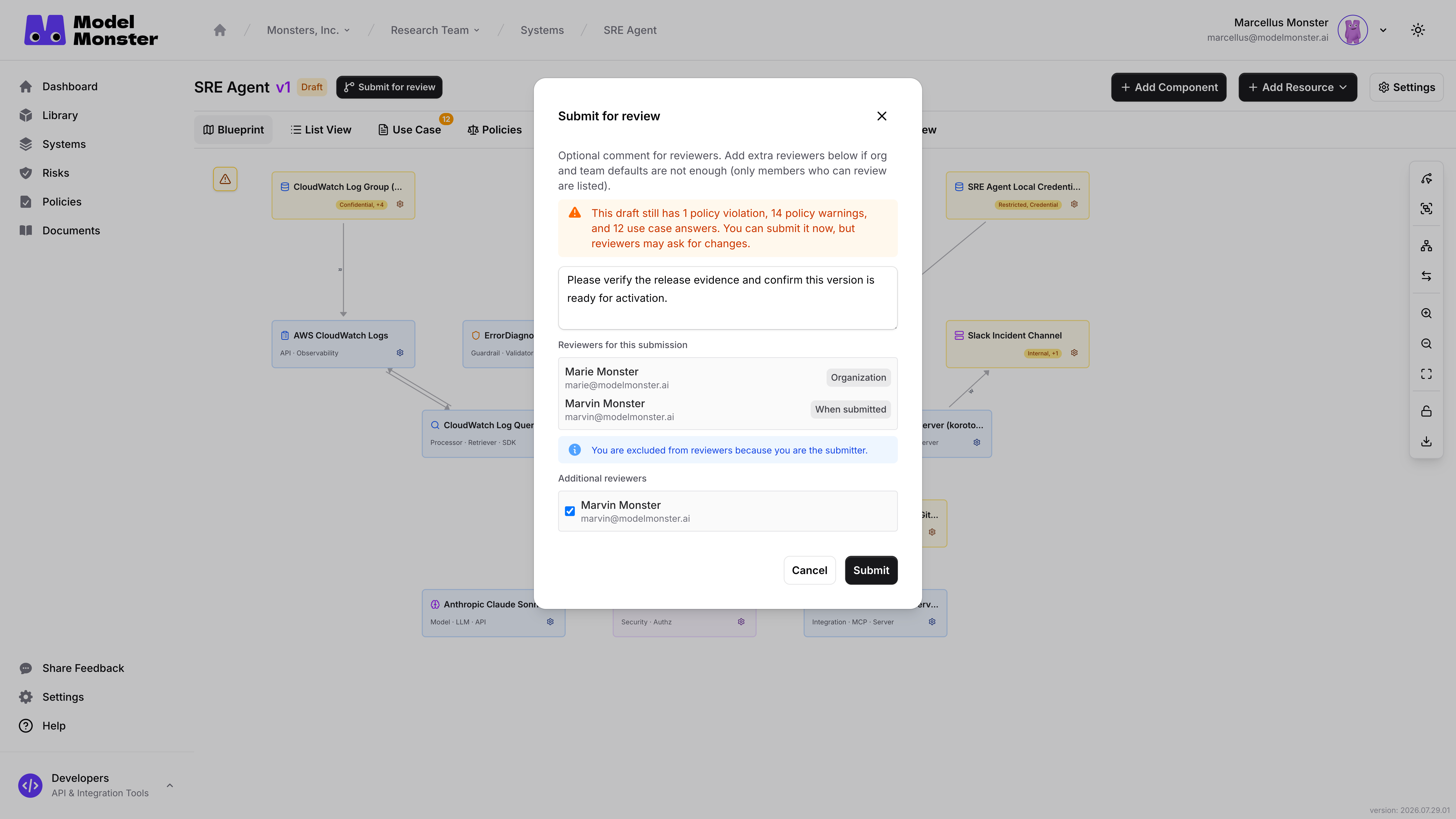 Submit for review dialog with comment, assigned reviewers, submitter exclusion, and additional reviewer
