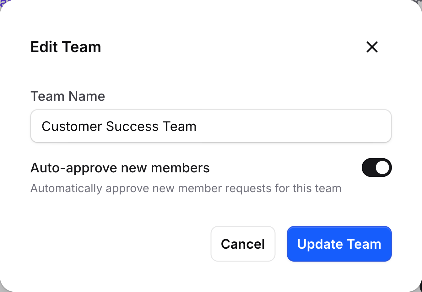Edit Team modal showing Auto-approve new members toggle in interactive/enabled state (organization-level setting on)