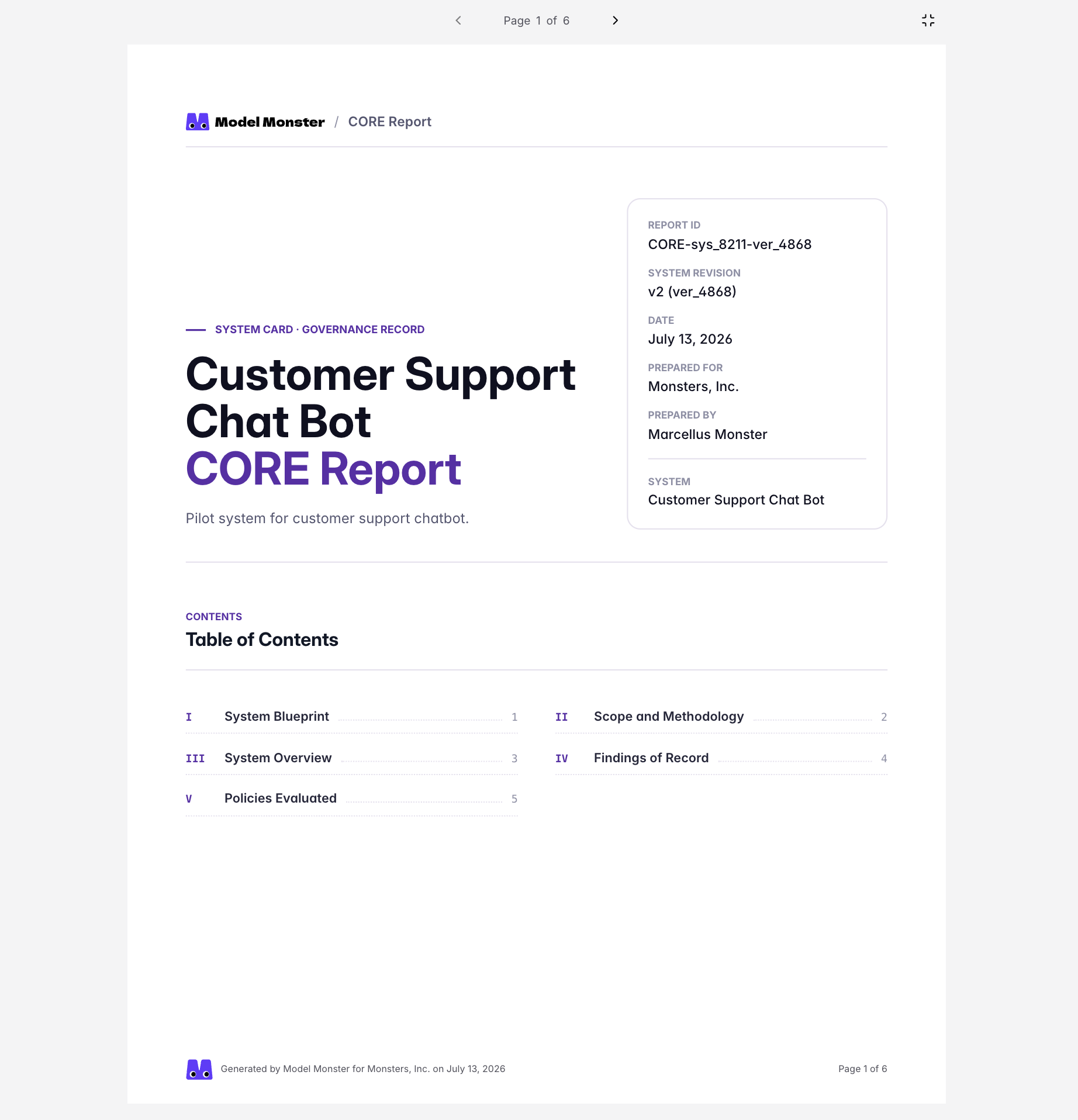 Fullscreen CORE Report preview with page controls and the fullscreen exit icon visible