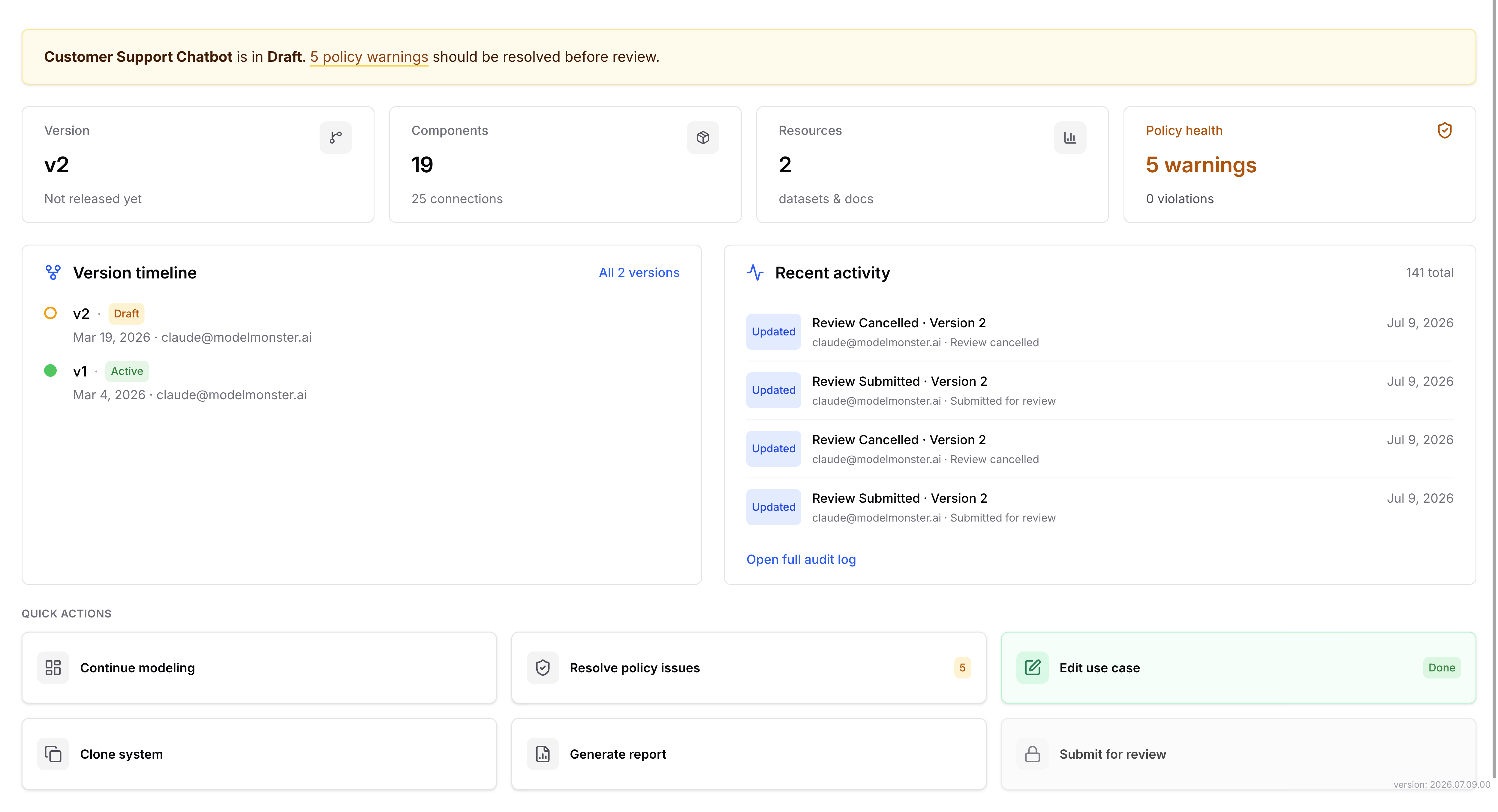 Overview tab with the Version timeline widget, recent versions, and the All versions link in the upper-right corner