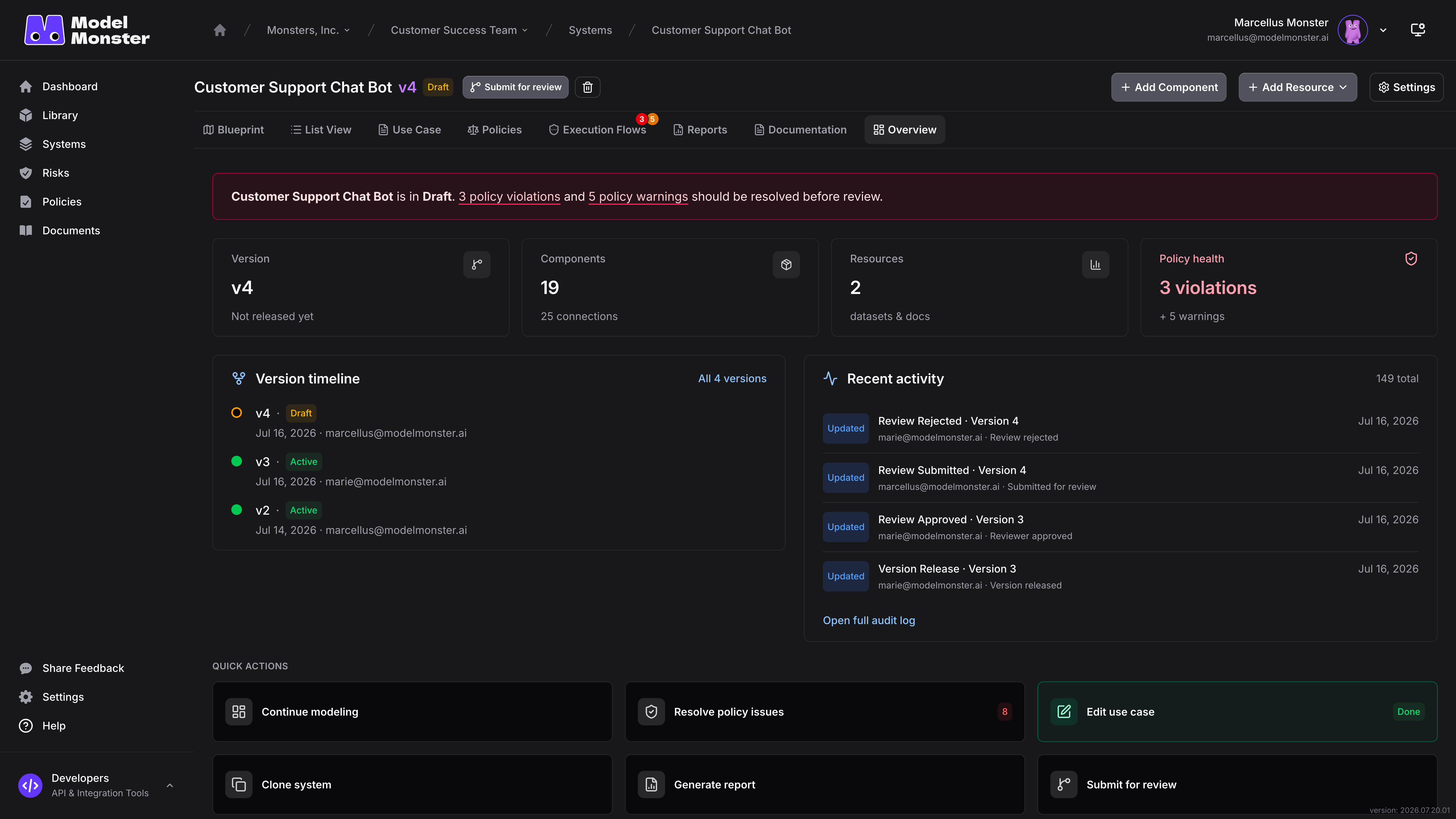 Overview showing review readiness, summary cards, version timeline, recent activity, and quick actions