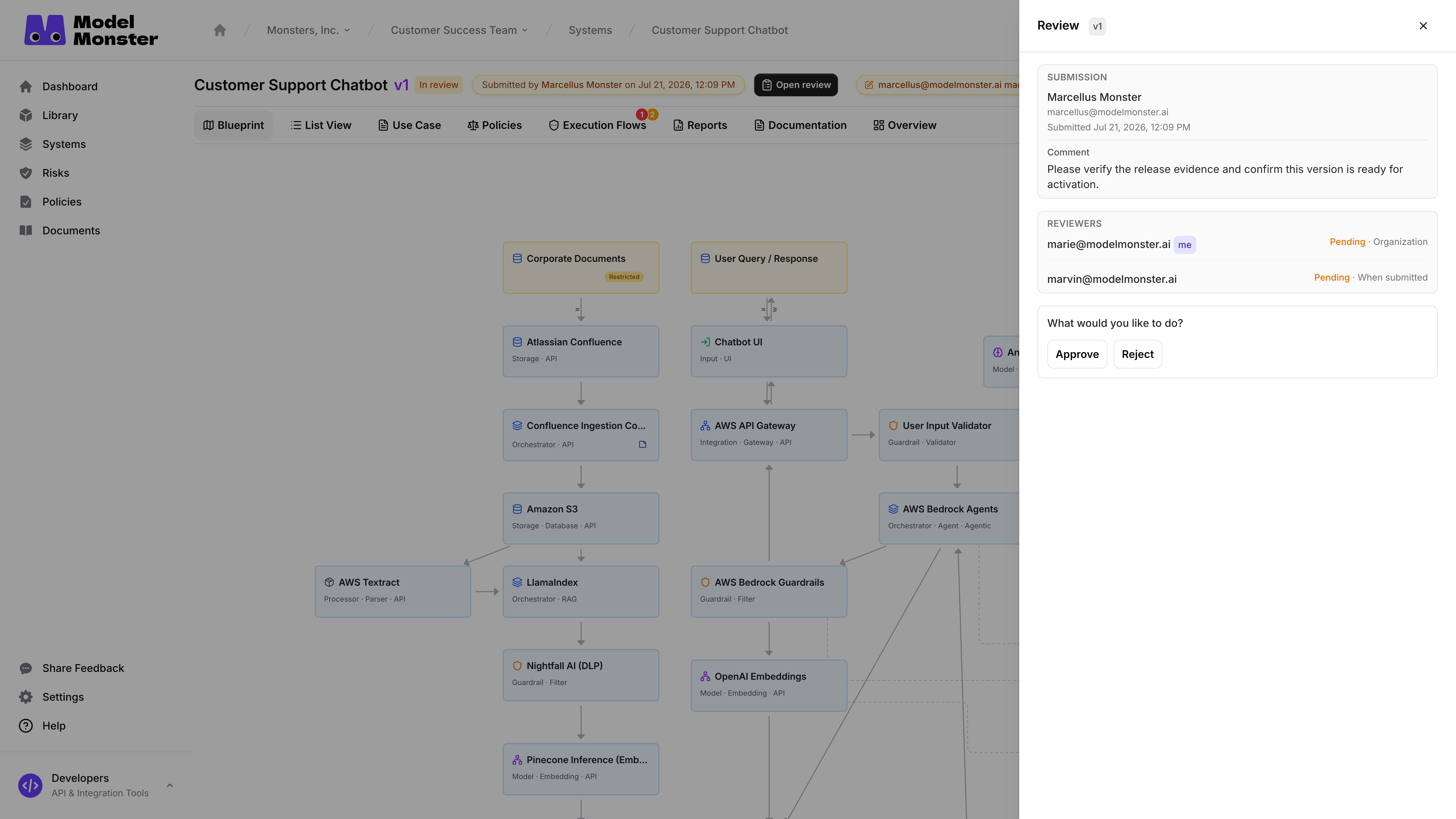 Review dialog showing pending assigned reviewers and Approve and Reject actions