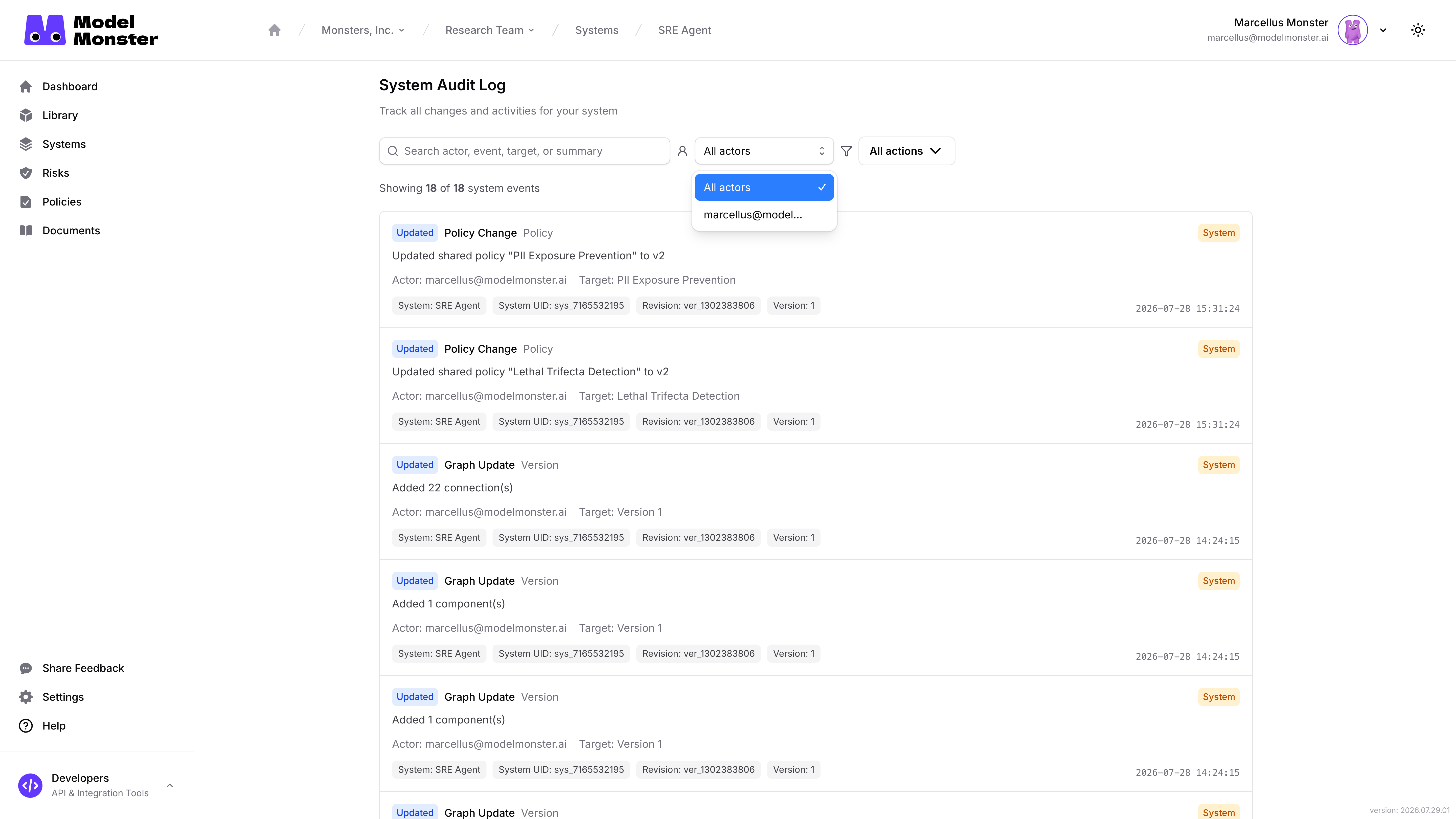 Open All actors selector showing All actors and the publication-safe Marcellus demo account