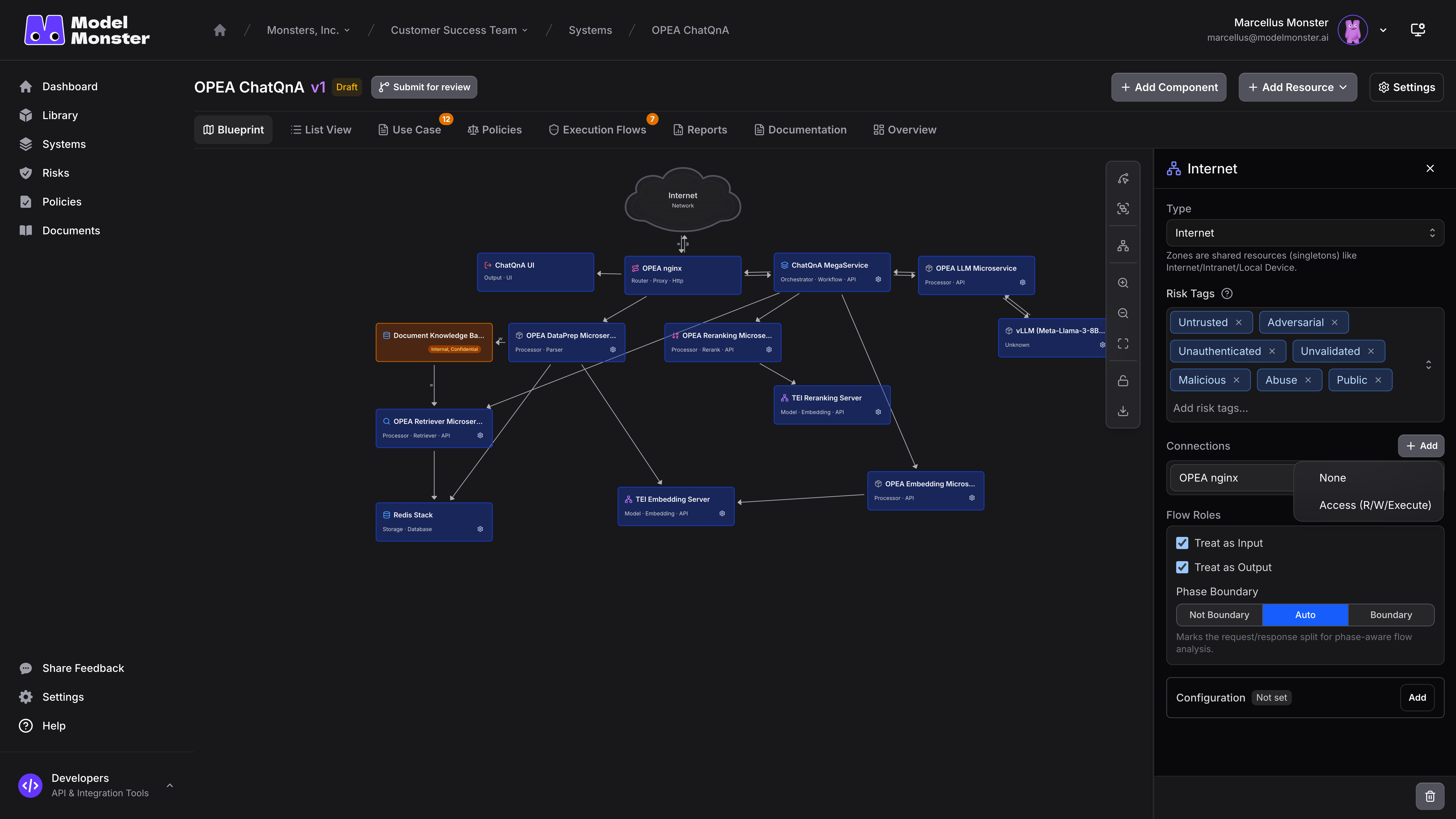 A Blueprint resource panel with a component selected and the operation control enabled, using an Internet resource with Untrusted and Access (R/W/Execute) as a preset for read, write, and execute