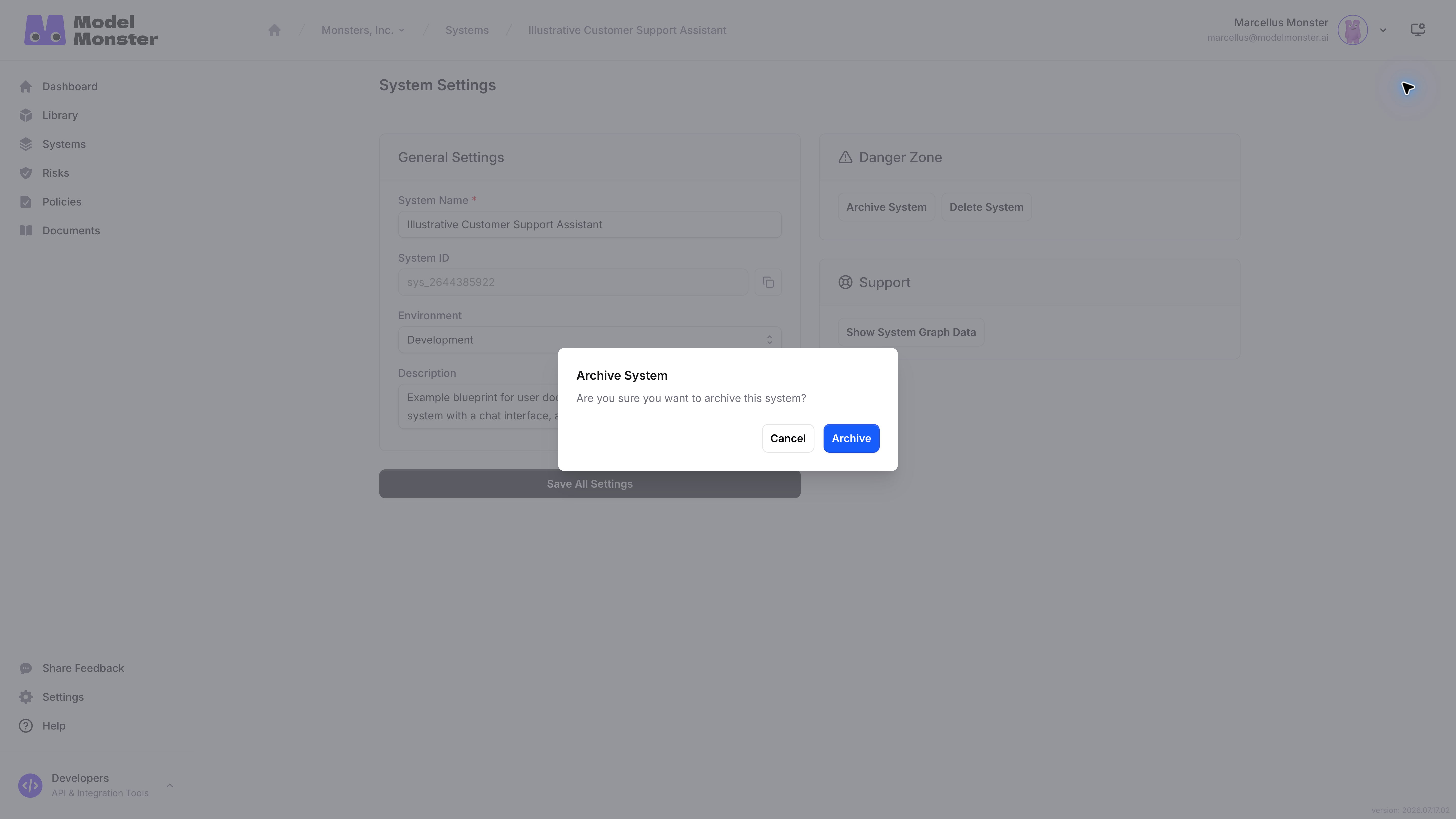 **Archive System** confirmation showing its message and actions
