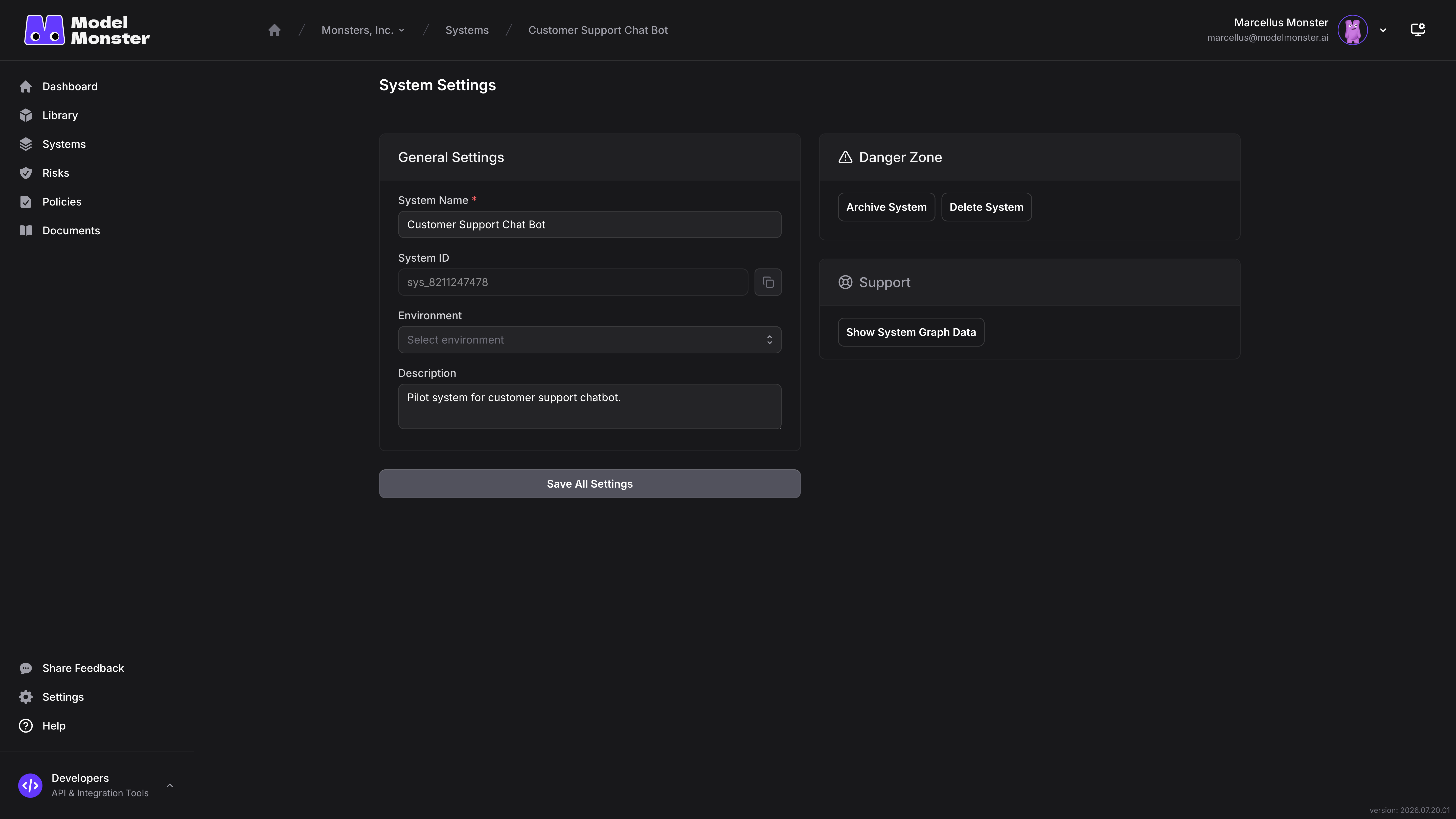 General Settings showing System Name, read-only System ID, Environment, Description, and Save All Settings