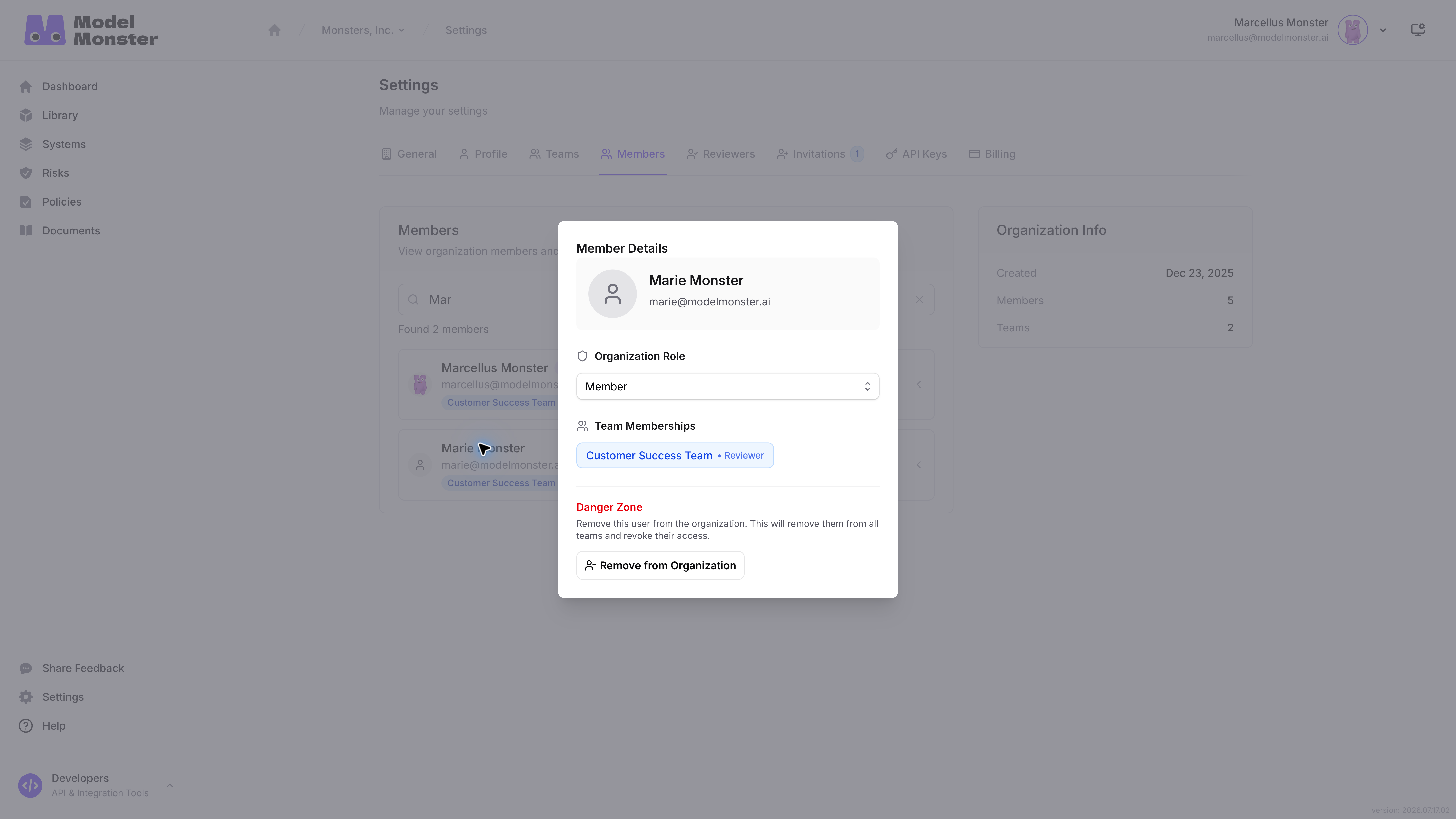 Member Details comparing a fictional member's organization role with their team memberships
