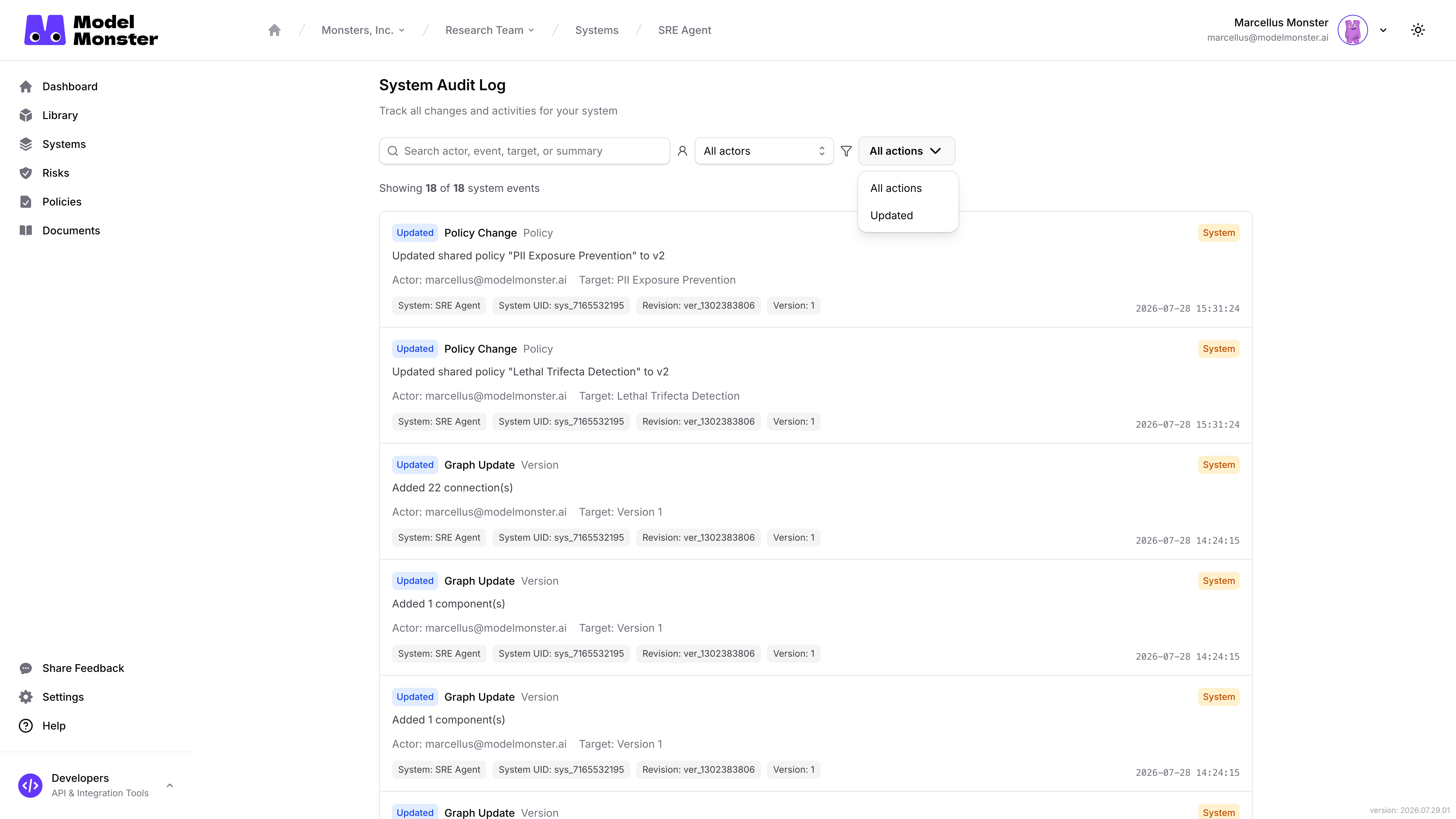 Open All actions menu showing All actions and Updated from the SRE Agent demo history