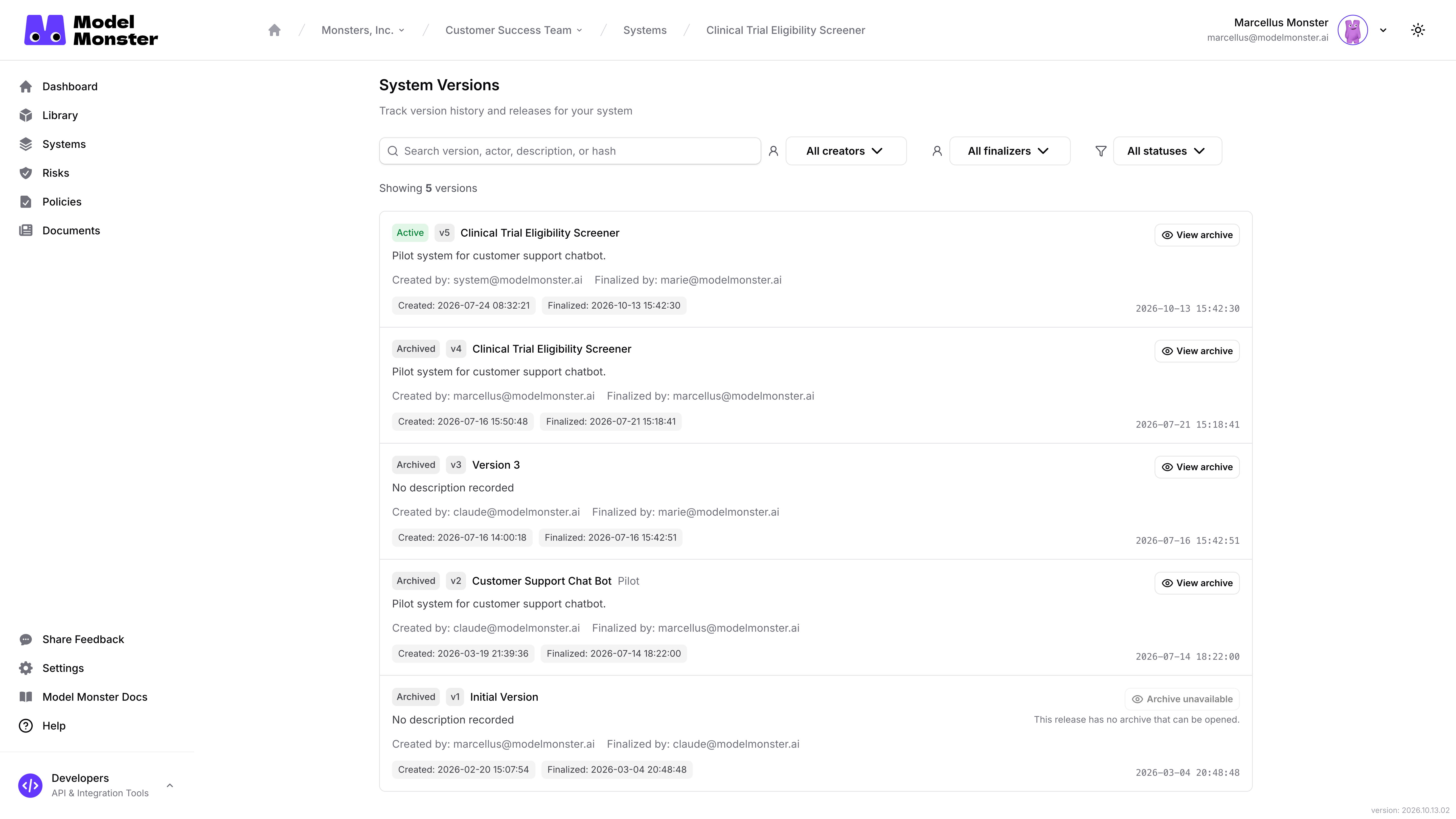 Full version history page showing search, status filter, and rows with multiple version statuses