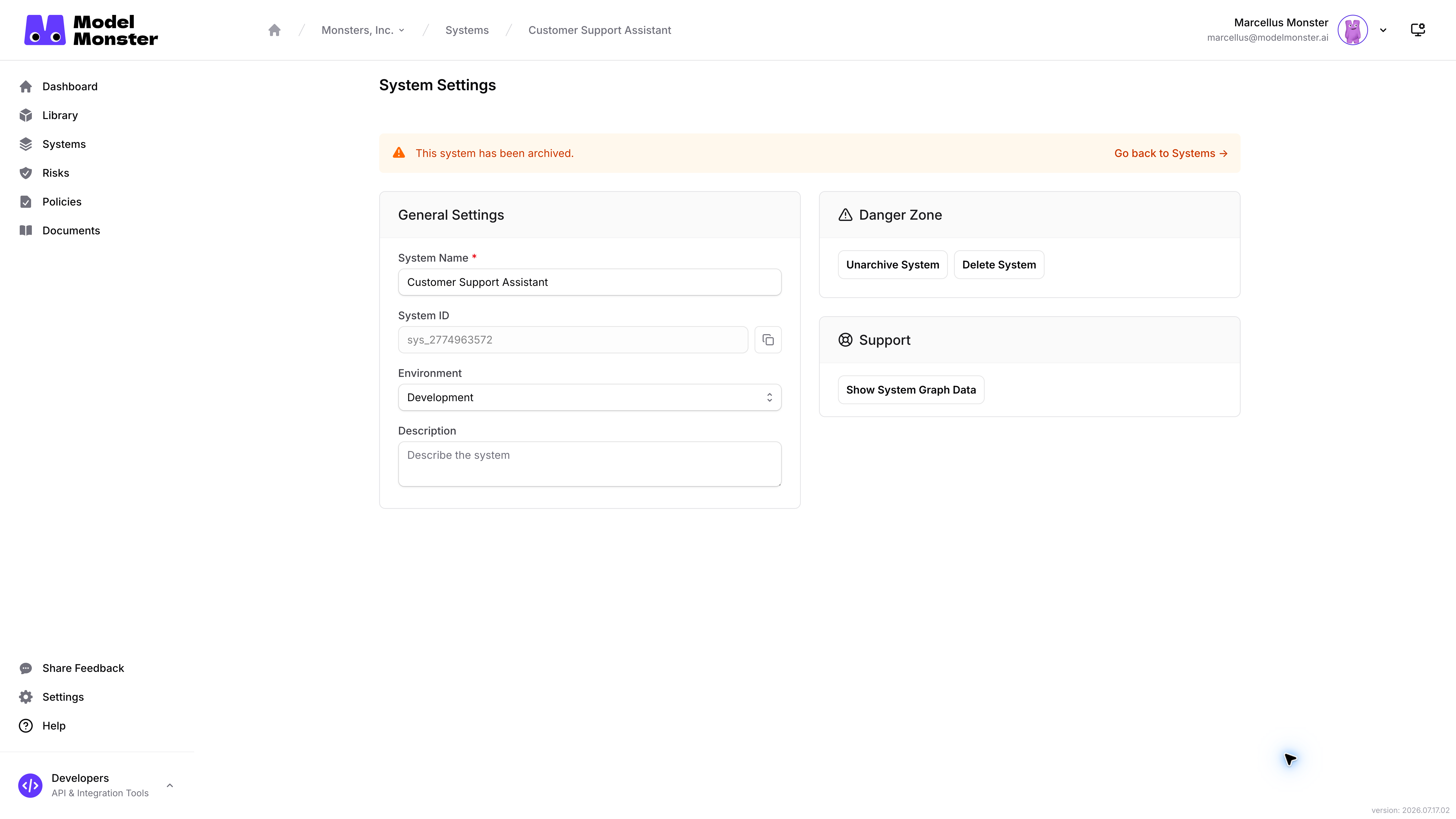 Archived Settings state showing the archived warning and **Unarchive System**