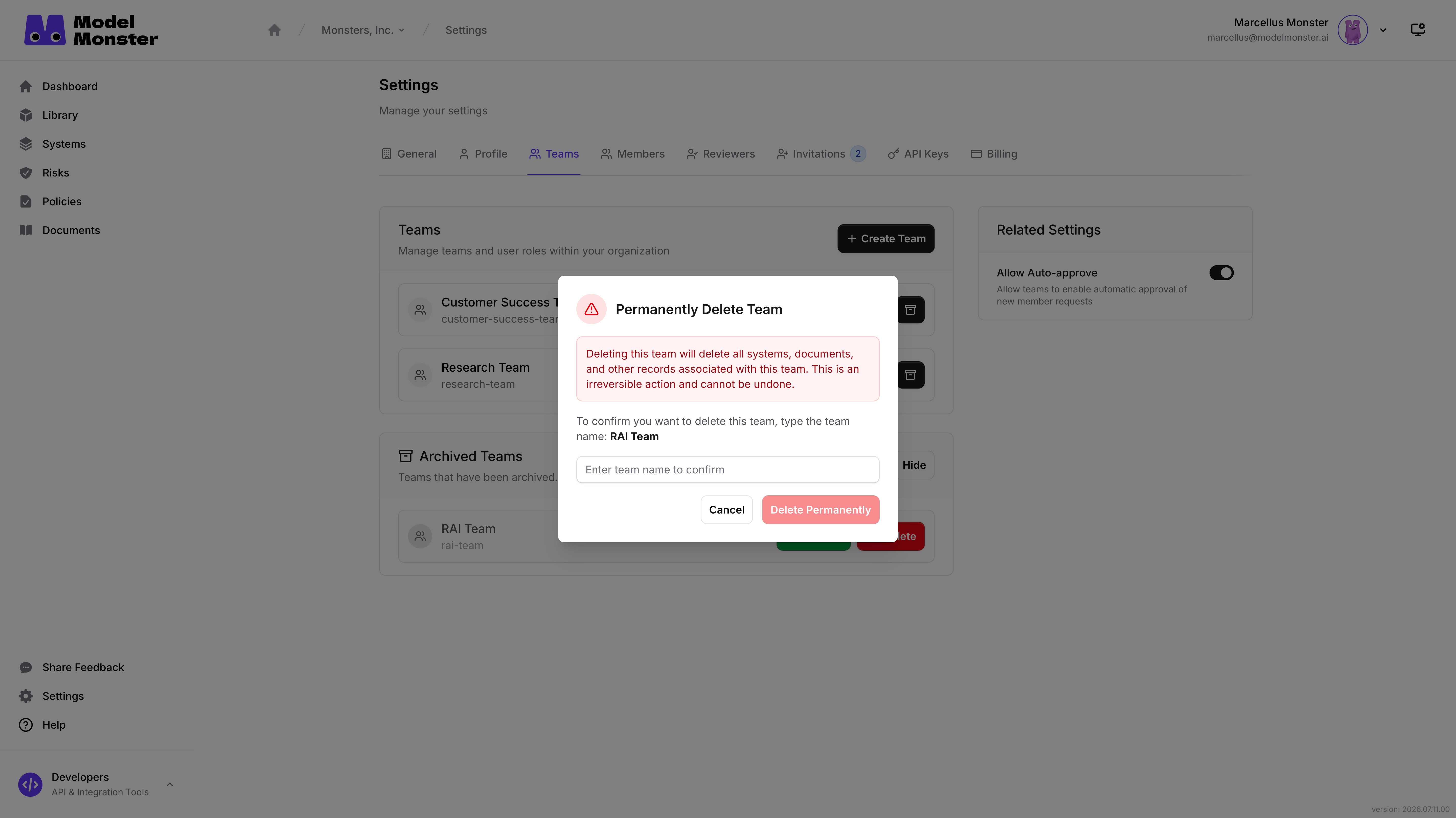 Permanently Delete Team dialog with empty name confirmation field and muted Delete Permanently button