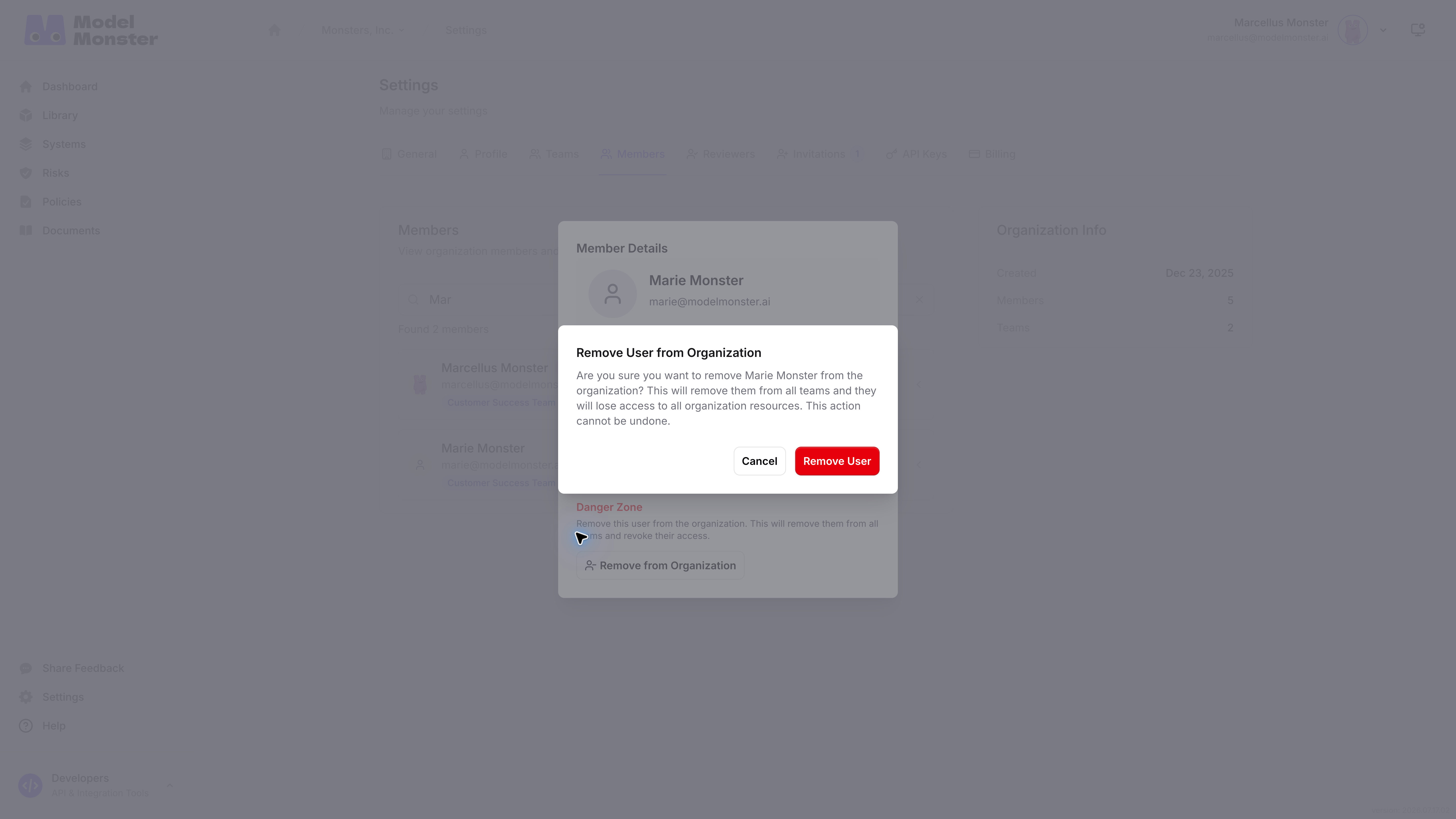 Remove User from Organization confirmation for a fictional regular member, before removal