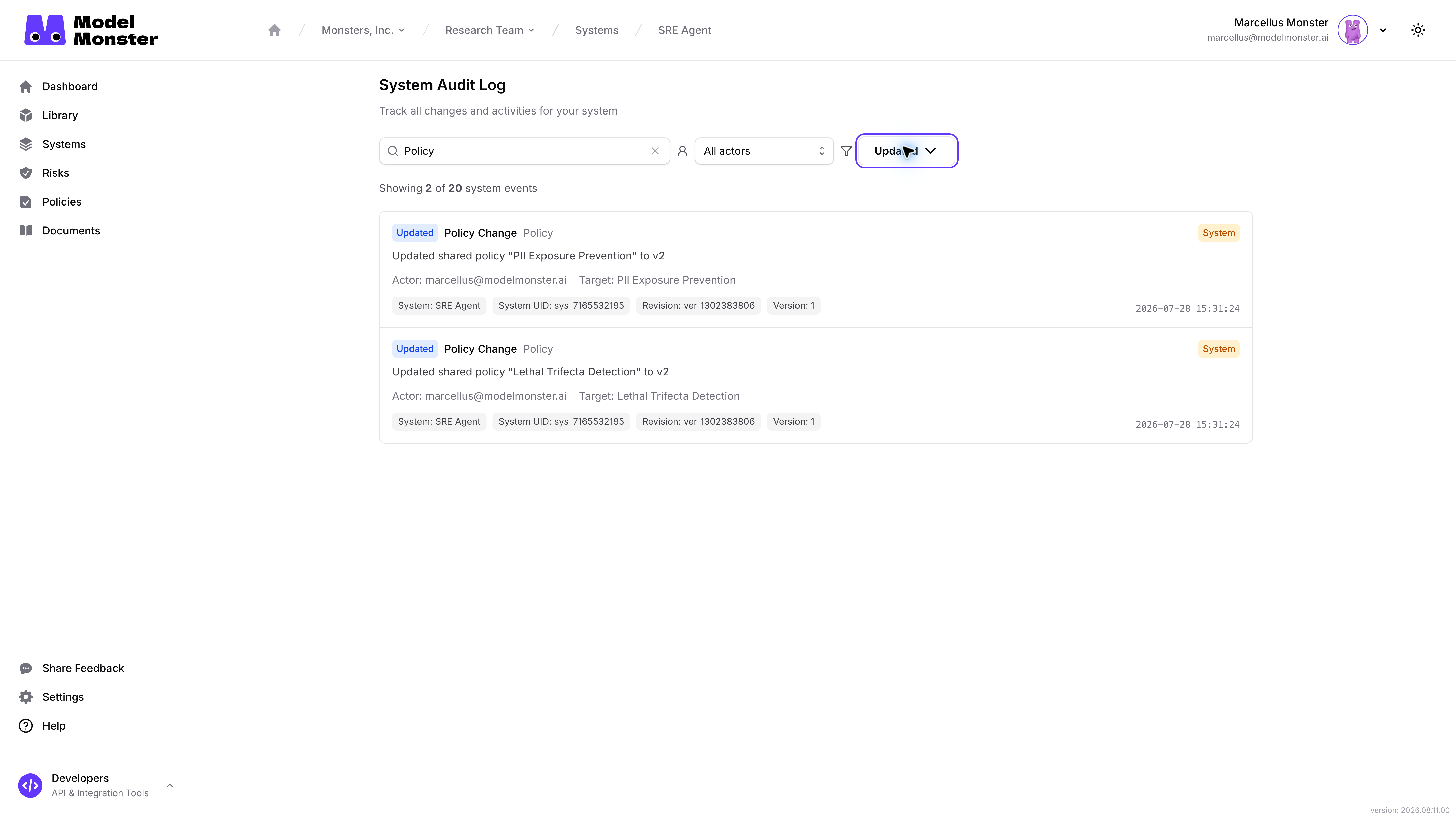 SRE Agent audit timeline with Policy in Search audit logs, Updated active, and Showing 2 of 20 system events