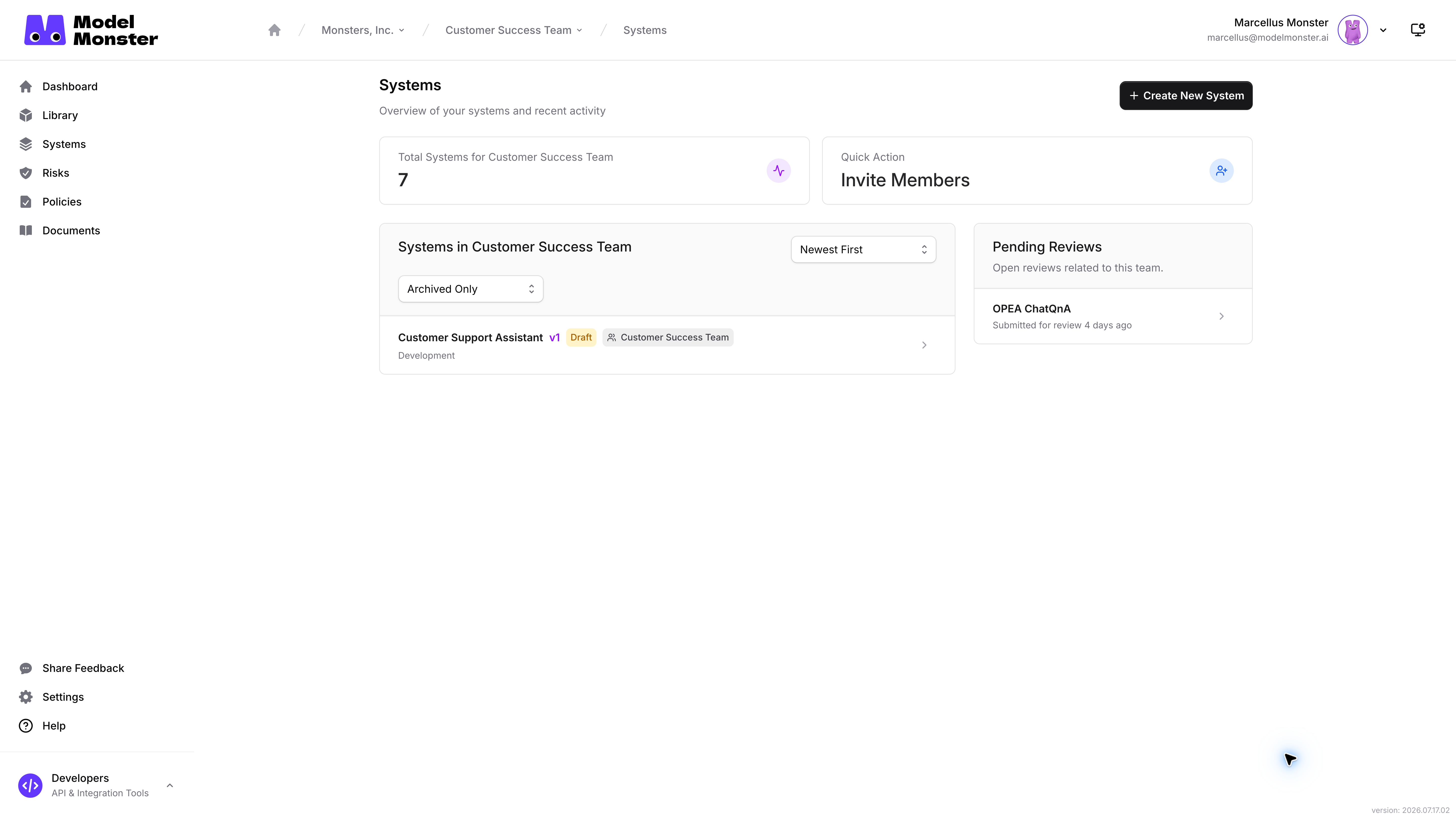 Team Systems page with **Archived Only** selected and an archived row visible