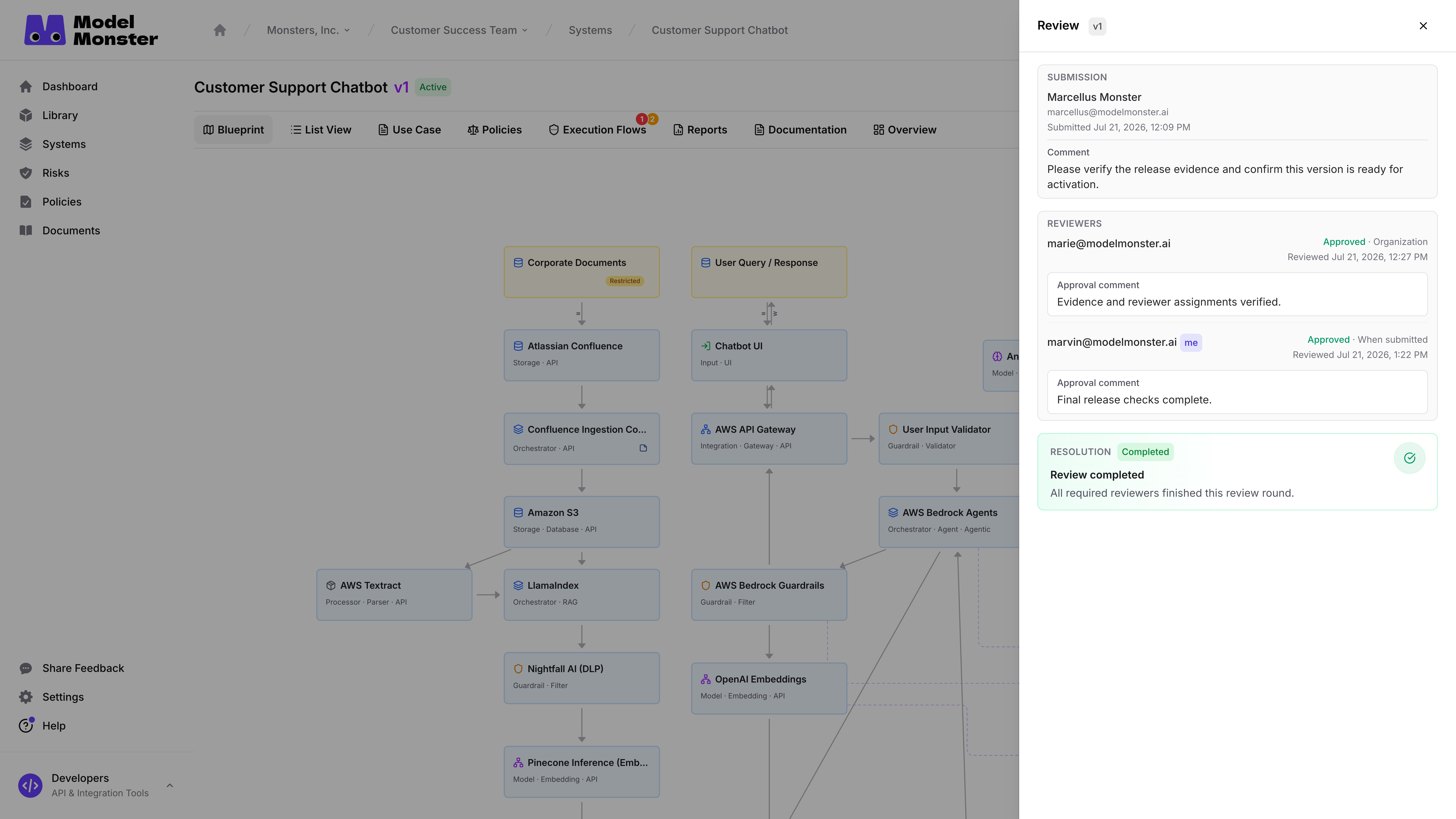Completed review showing both approvals, the Active version, and the completion resolution