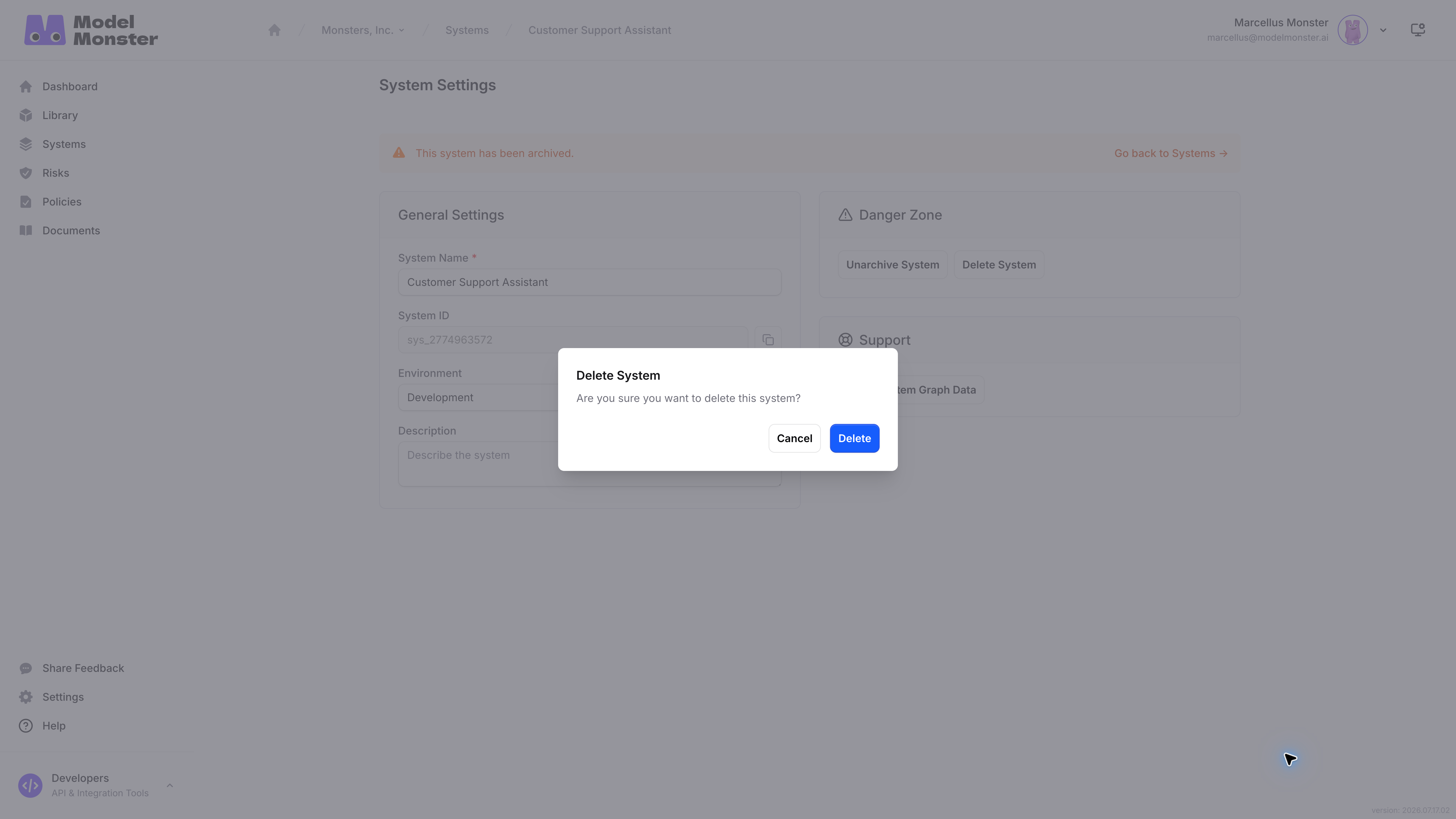 **Delete System** confirmation showing **Cancel** and **Delete**